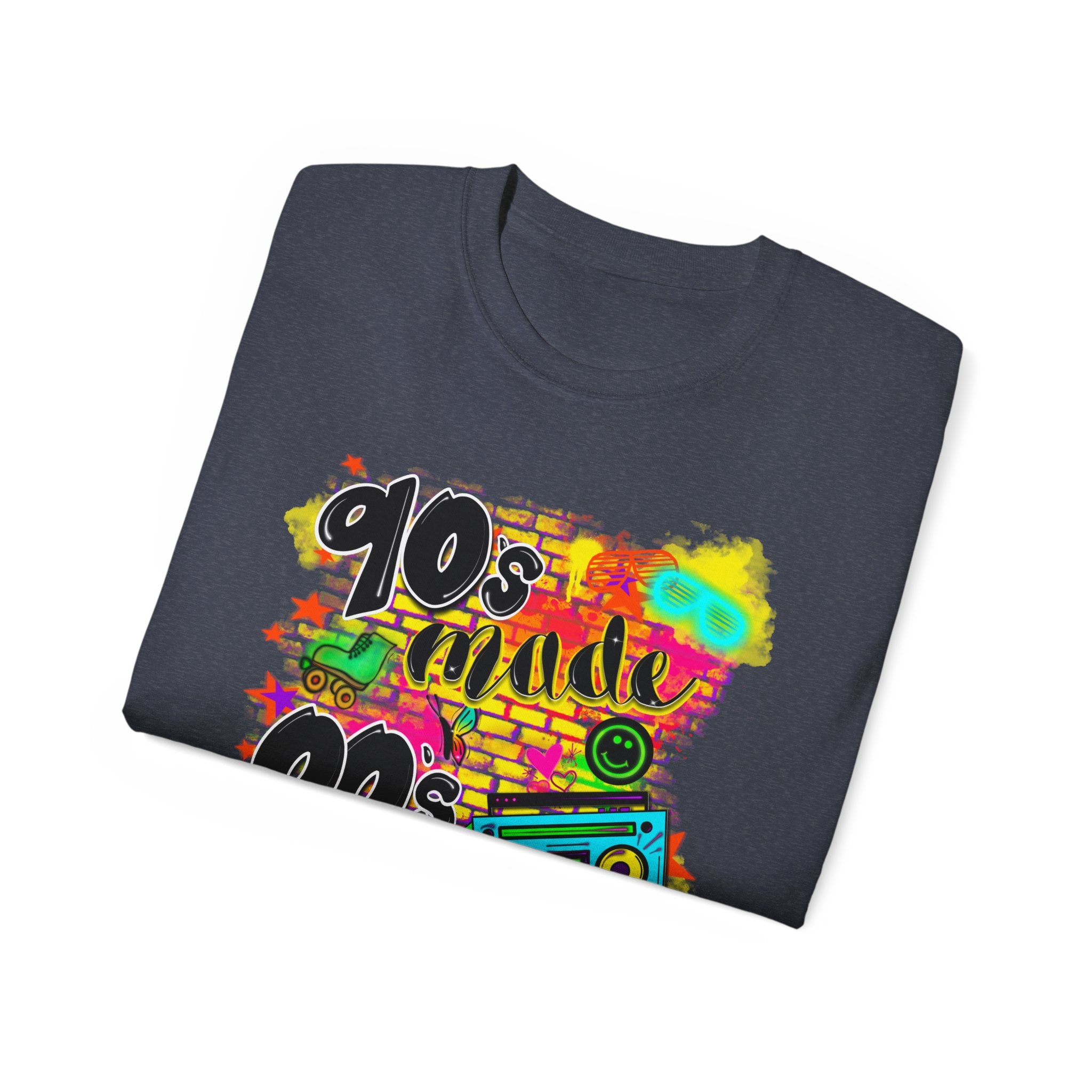 90s Made 00s Raised T-Shirt — Neon Retro Boombox Graphic Tee
