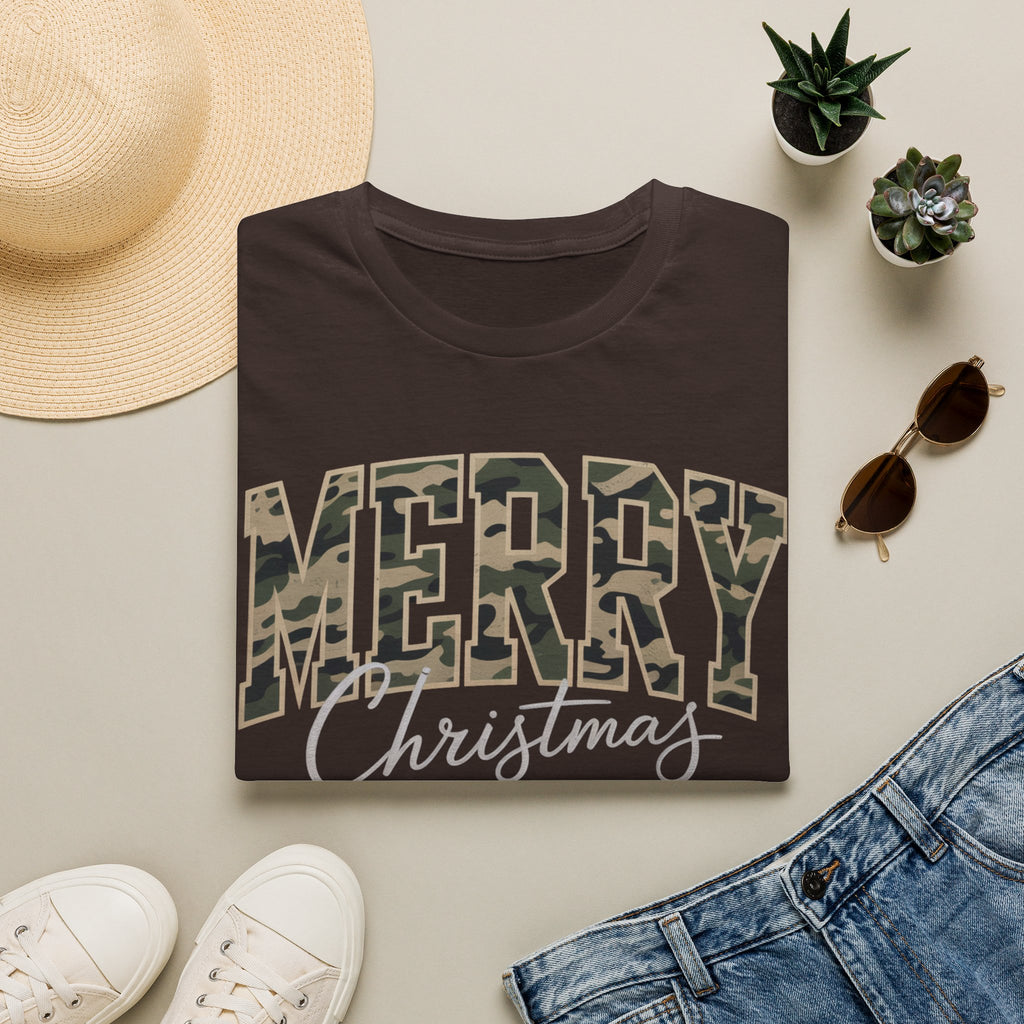Merry Christmas Camo Tee — Women's Holiday Graphic T-Shirt
