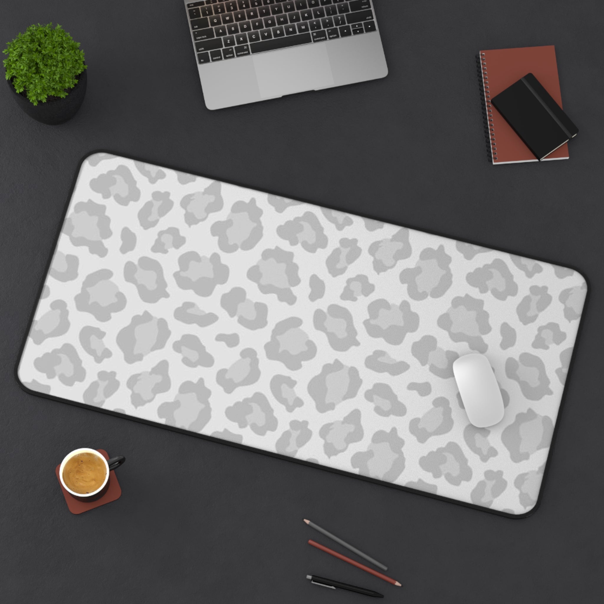 Grey Leopard Print Desk Mat — Neutral Animal Pattern Mouse Pad for Home Office