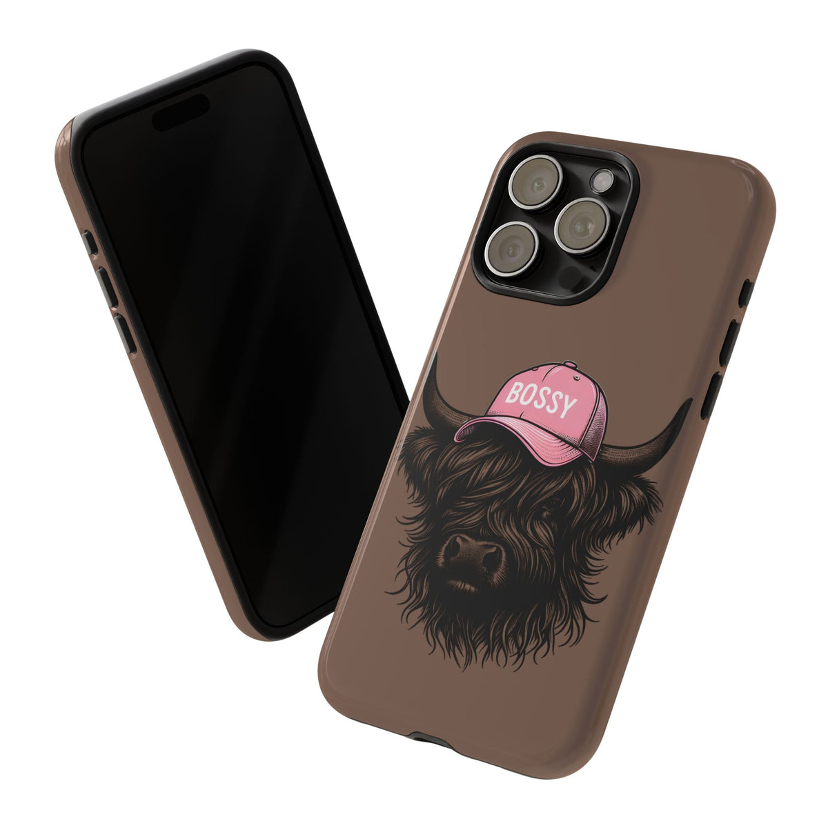 Phone Case — Highland Cow Wearing 'BOSSY' Pink Hat, Cute Farm Animal Protective Cover