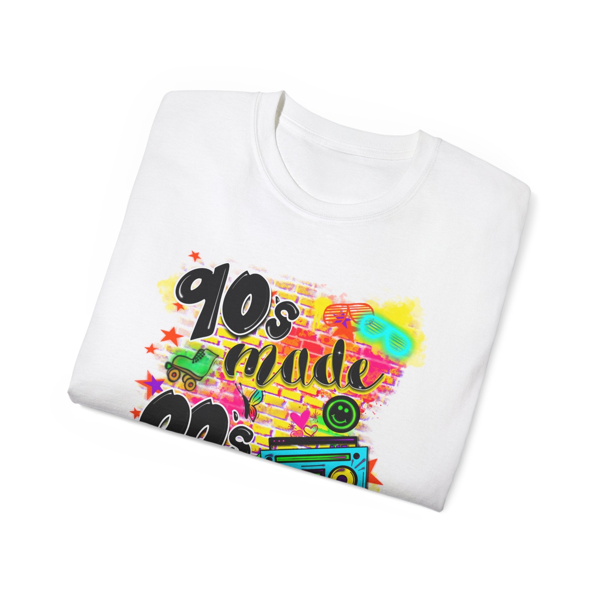 90s Made 00s Raised T-Shirt — Neon Retro Boombox Graphic Tee