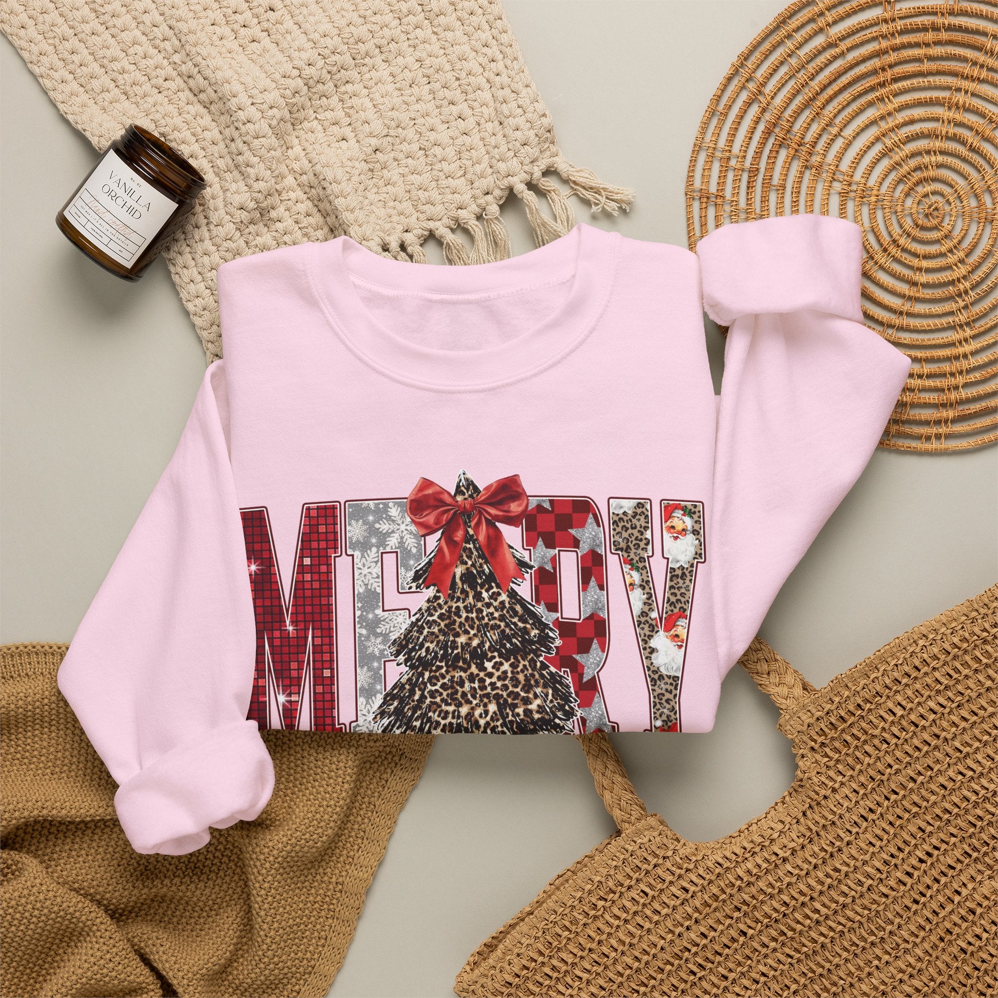 Merry Christmas Crewneck Sweatshirt — Festive Tree & Bow Holiday Sweatshirt