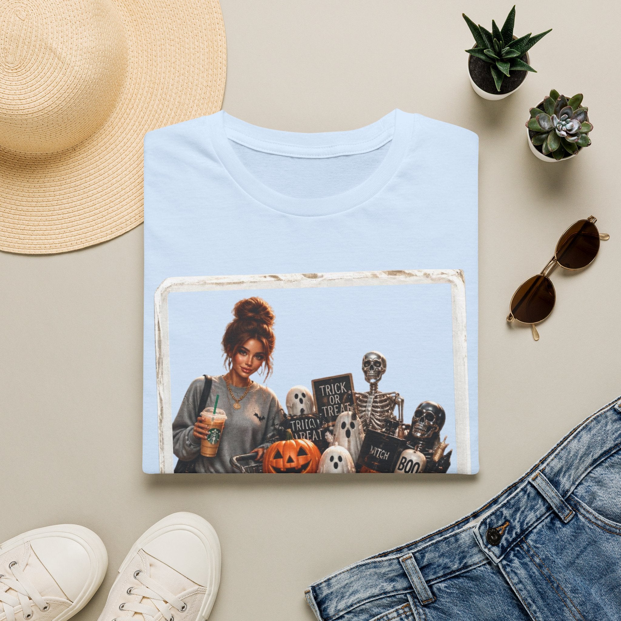 Halloween Cozy Tee — Woman with Pumpkin & Skeleton Graphic