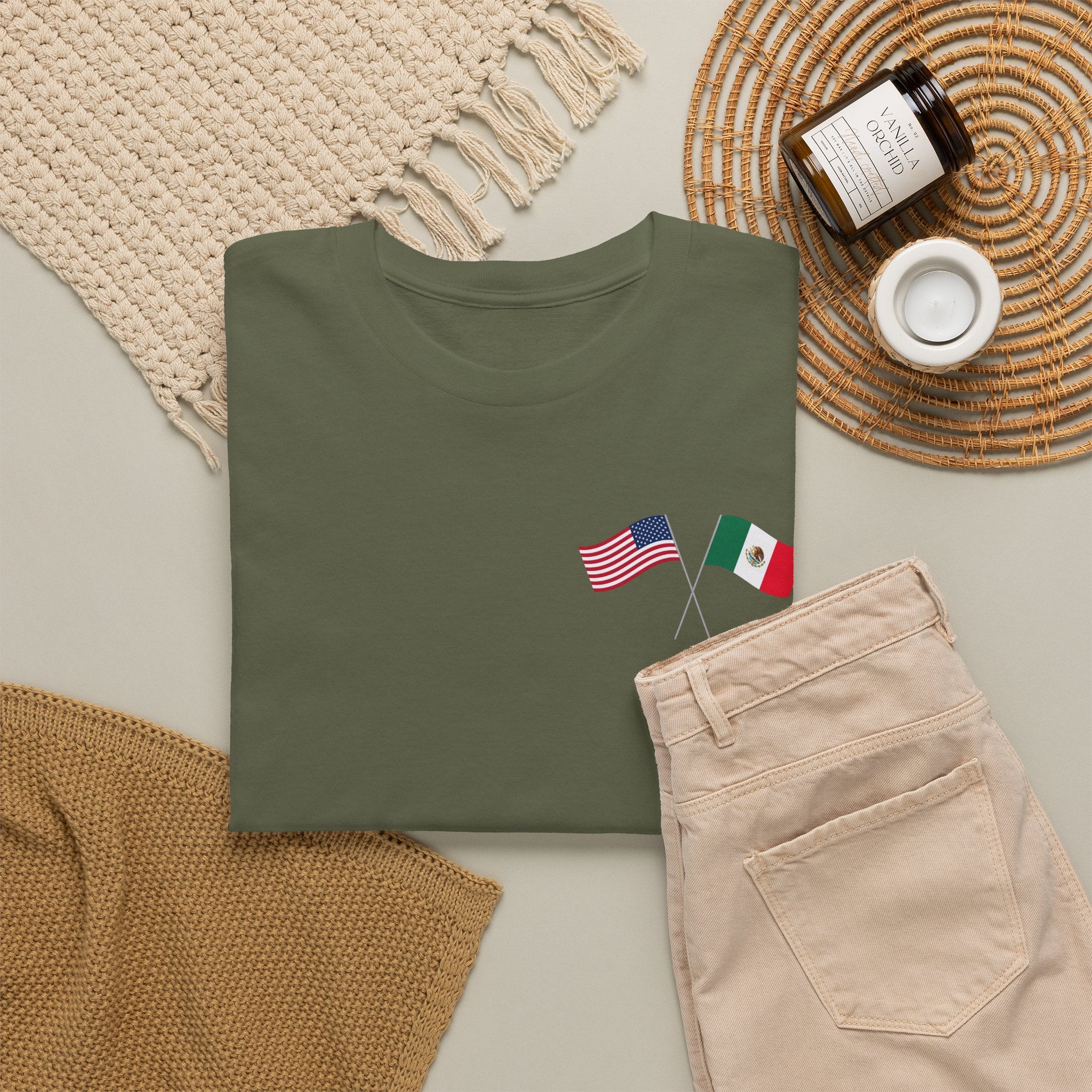 American & Italian Flag Tee with Vintage Rose Back — Patriotic Floral T-Shirt