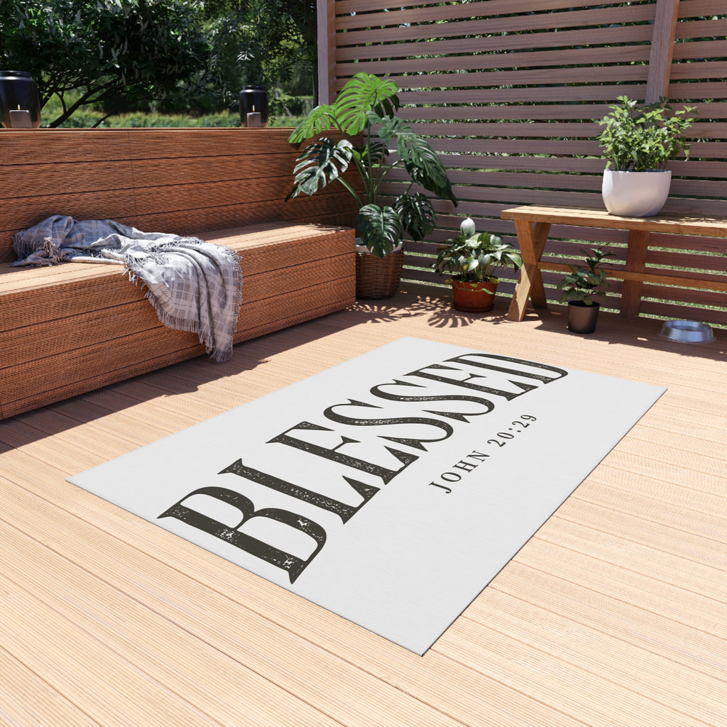 Blessed Outdoor Rug — "BLESSED" with John 20:29 Doormat