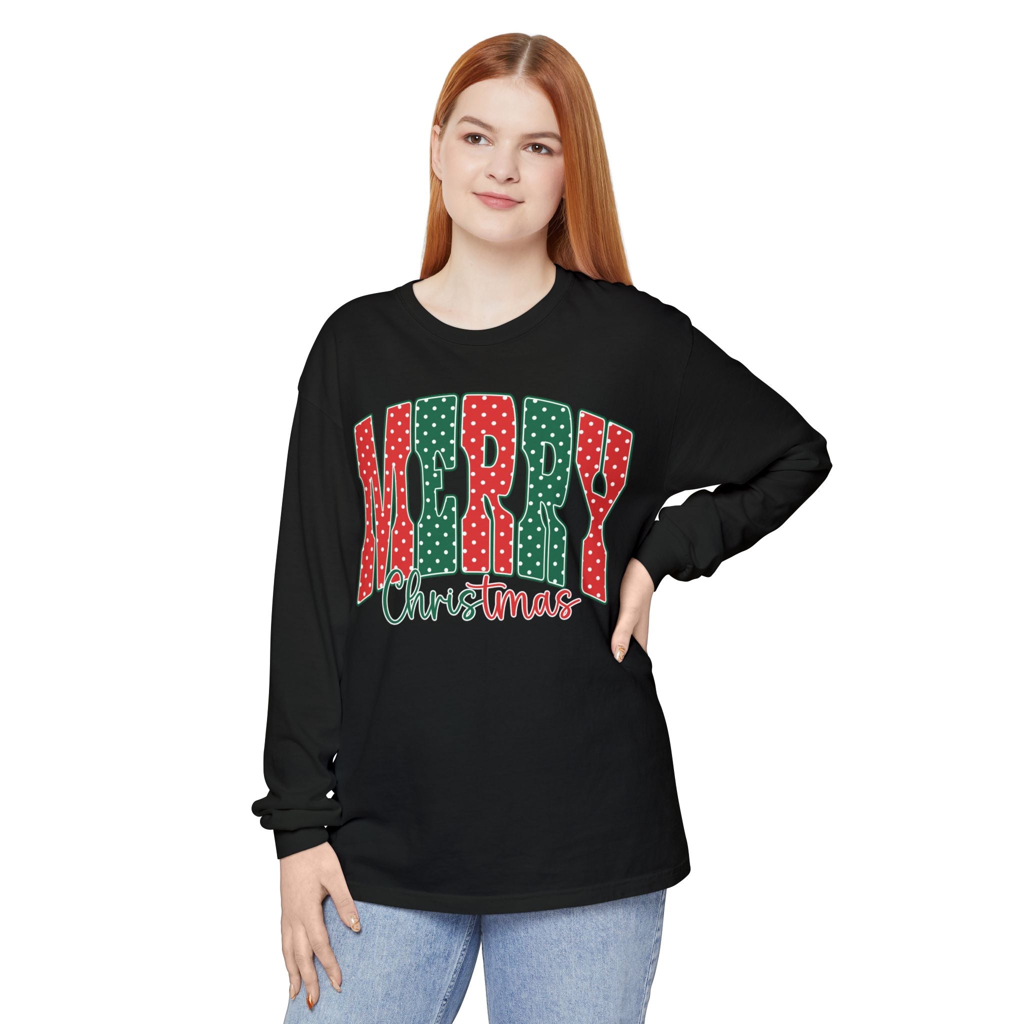 Merry Christmas Long Sleeve Tee — Festive Red & Green Holiday Shirt