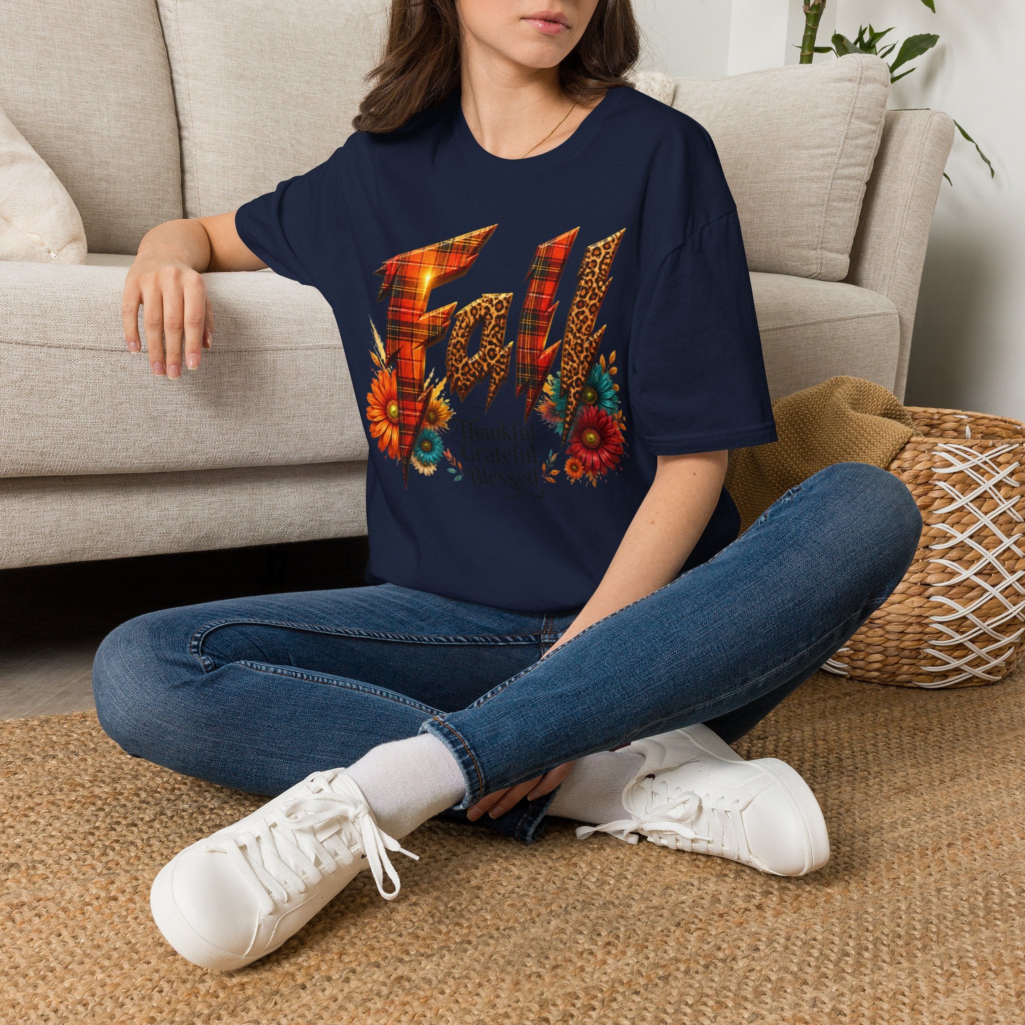 Fall Floral Plaid T-Shirt — "Thankful Grateful Blessed" Autumn Tee