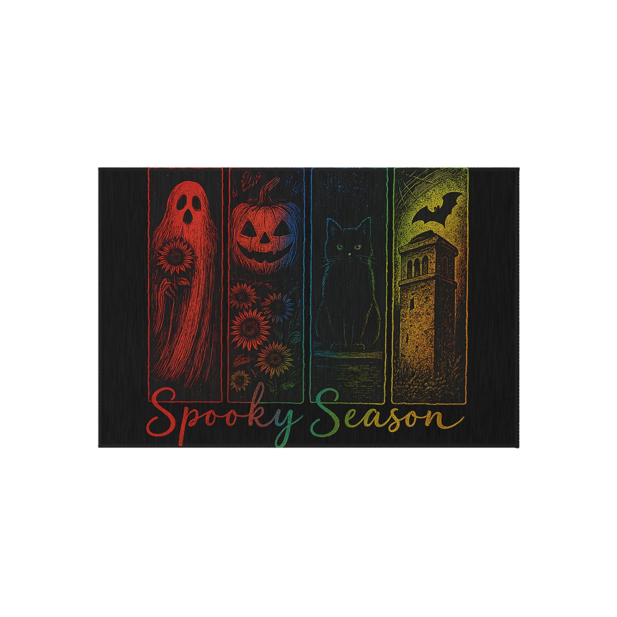 Spooky Season Outdoor Rug — Halloween Ghost, Pumpkin & Cat Welcome Mat