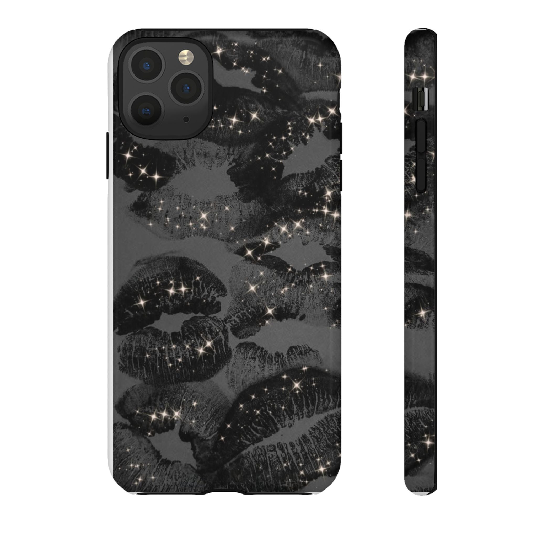 Black Glitter Kiss Phone Case — Sparkling Lip Print Protective Cover