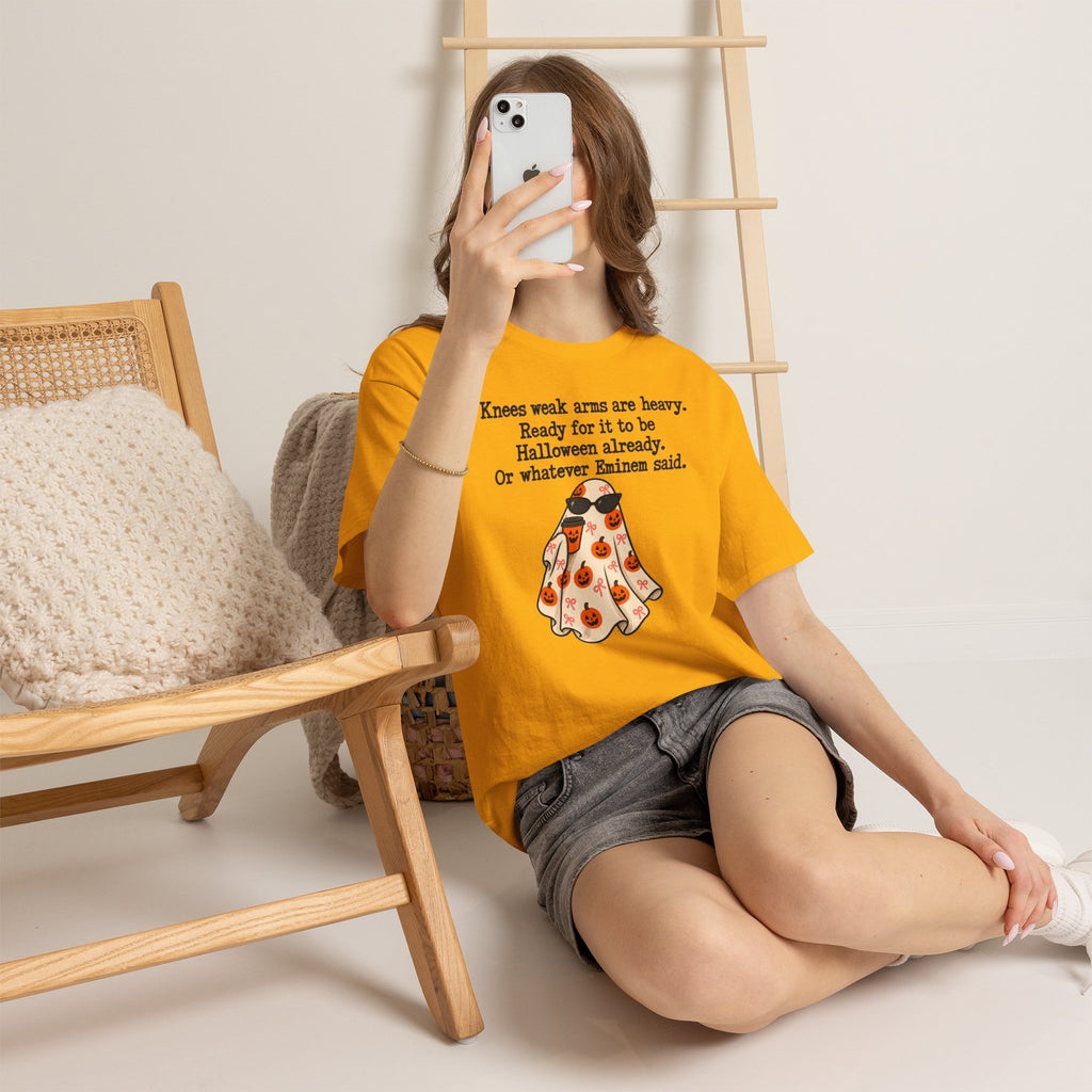 Funny Halloween Ghost T-Shirt — "Knees weak arms are heavy. Ready for it to be Halloween already. Or whatever Slim said."