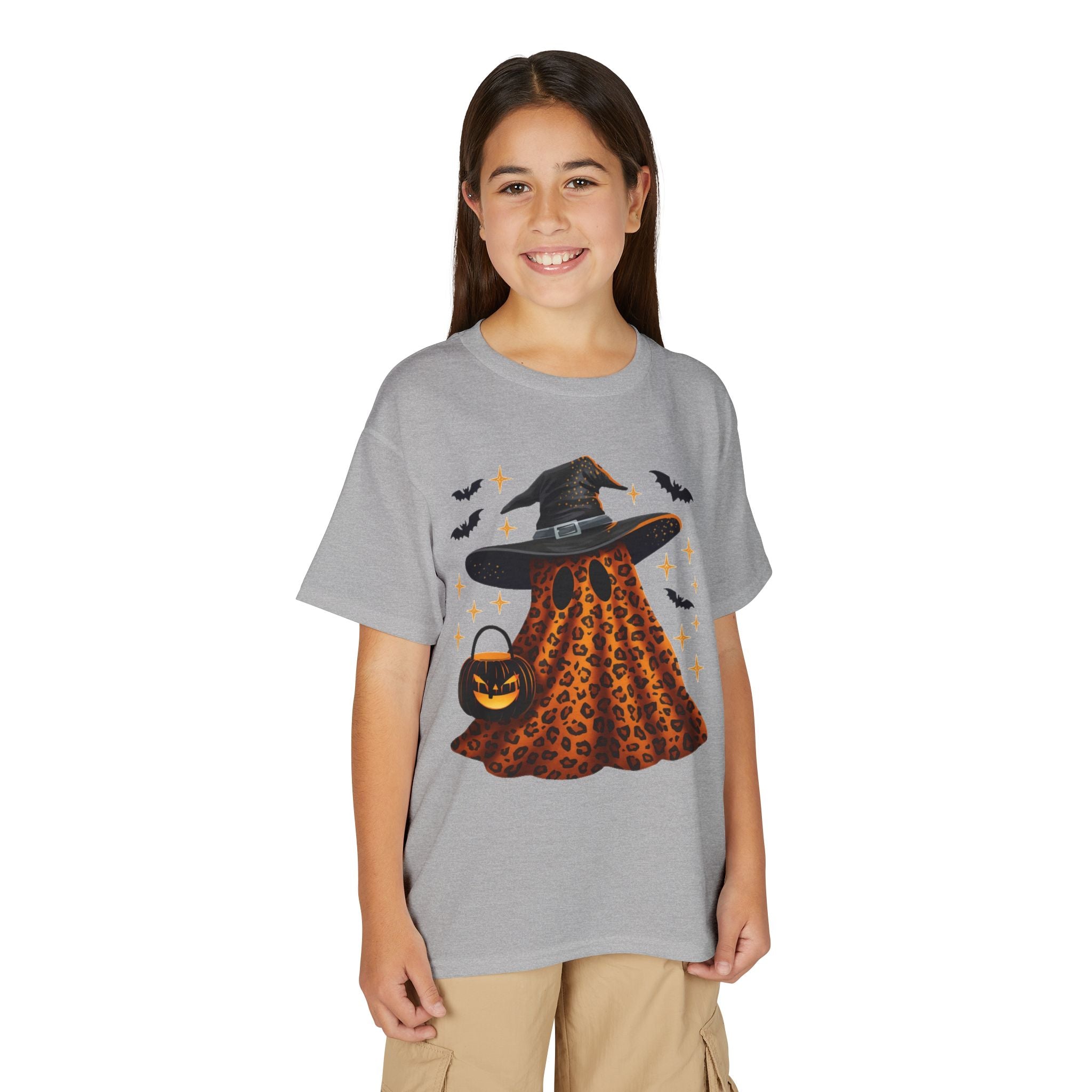 Youth T-Shirt — Leopard Witch Ghost Halloween Tee (Pumpkin Candy Bag, Bats)