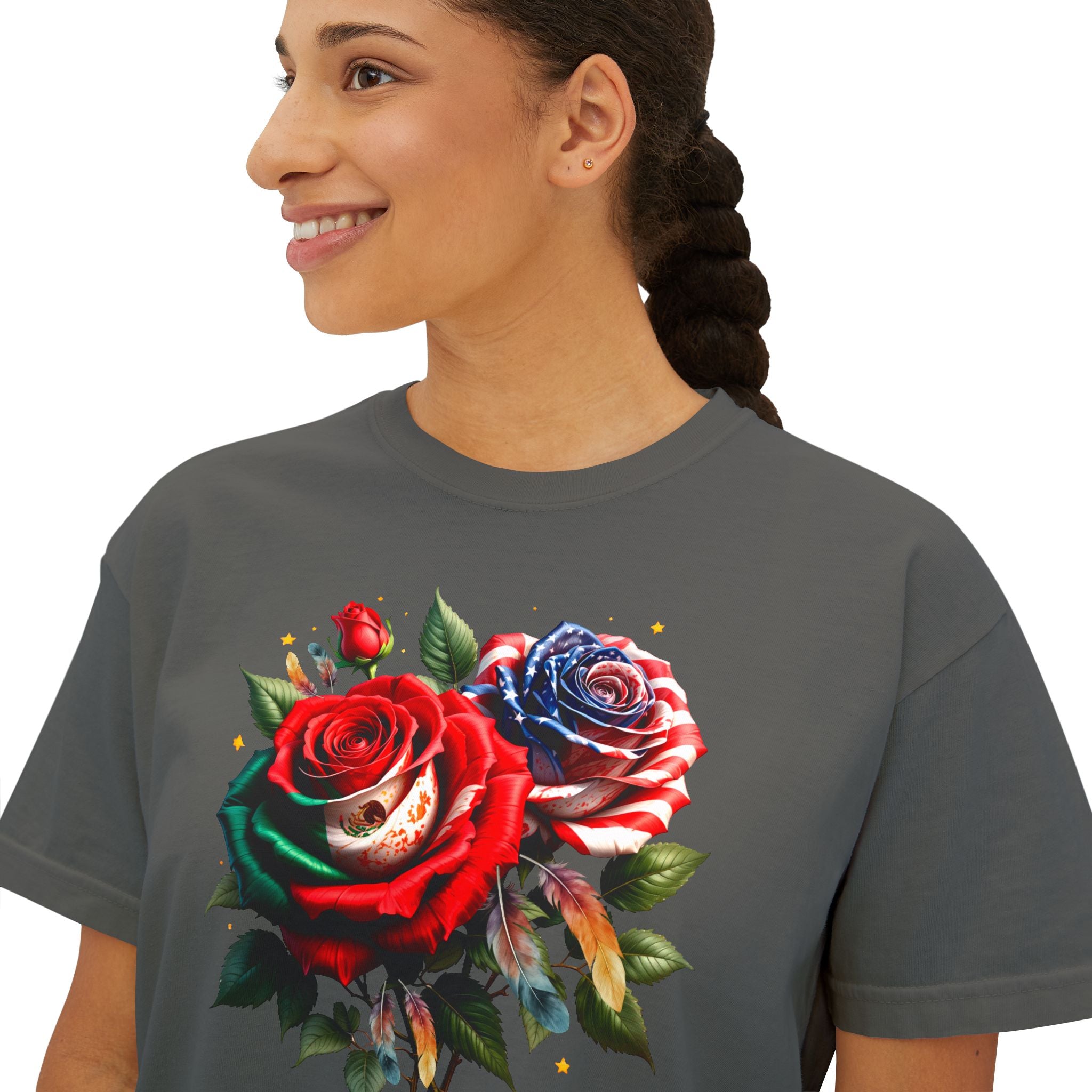 Women’s Boxy Tee — Vintage Red & Blue Rose Floral Graphic