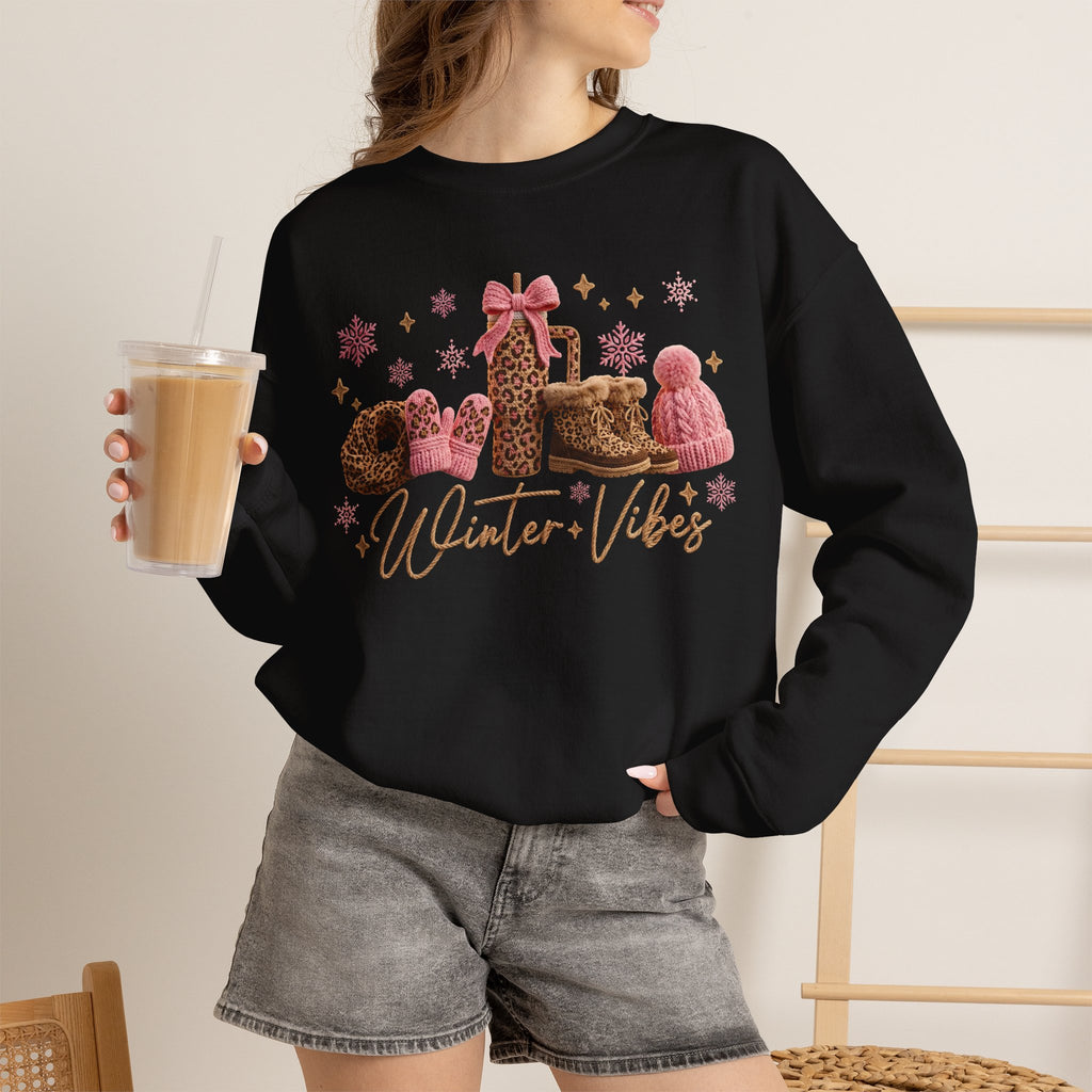 Crewneck Sweatshirt — 'Winter Vibes' Cozy Leopard Print Holiday Design