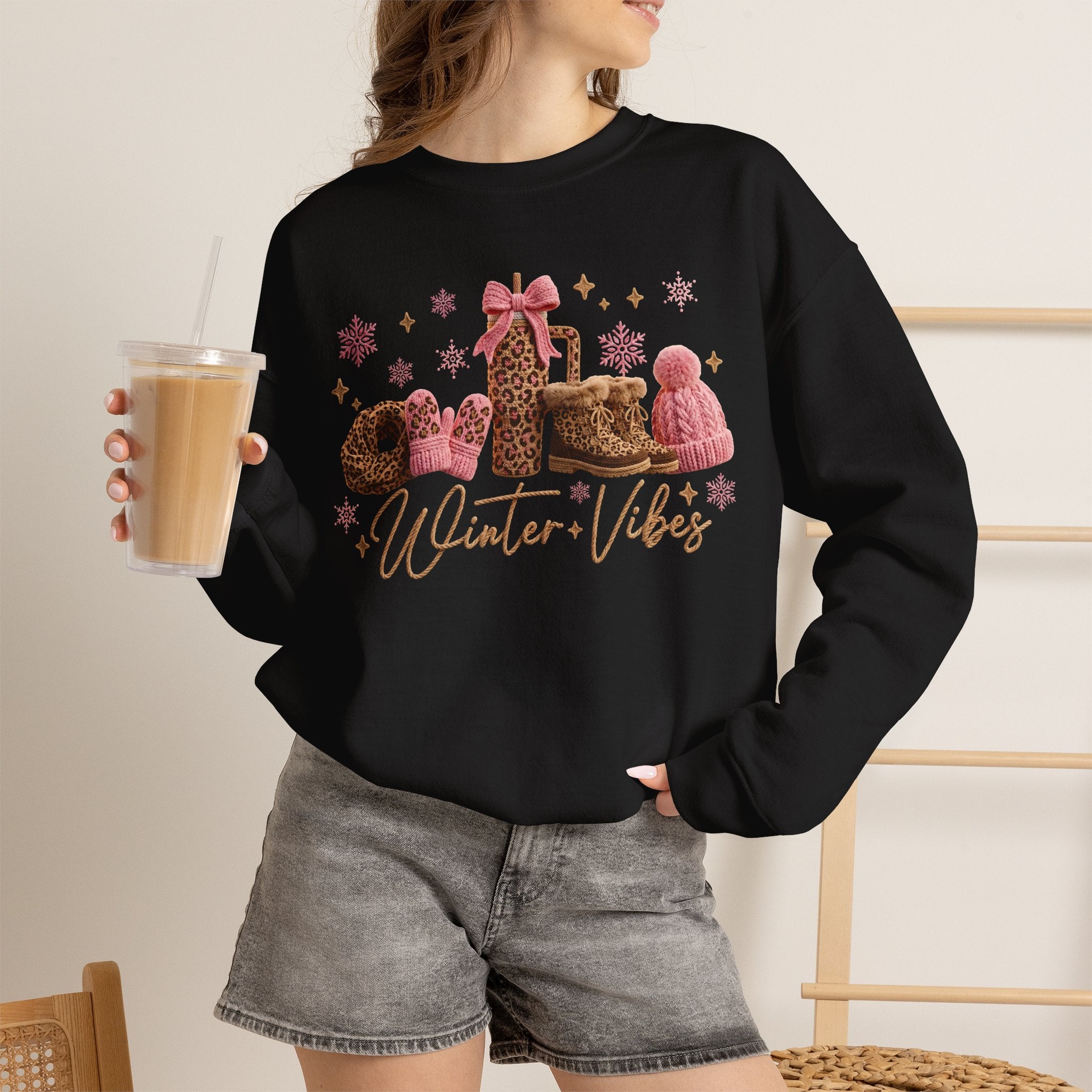 Crewneck Sweatshirt — 'Winter Vibes' Cozy Leopard Print Holiday Design
