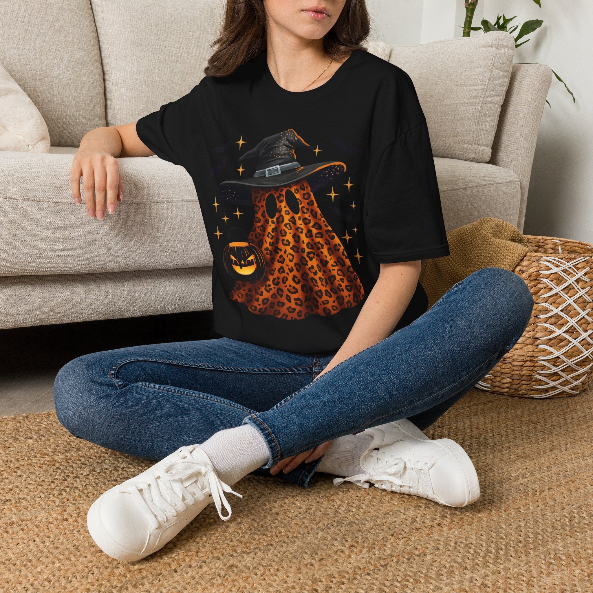 Halloween Leopard Ghost T-Shirt — Witch Hat & Bats Graphic