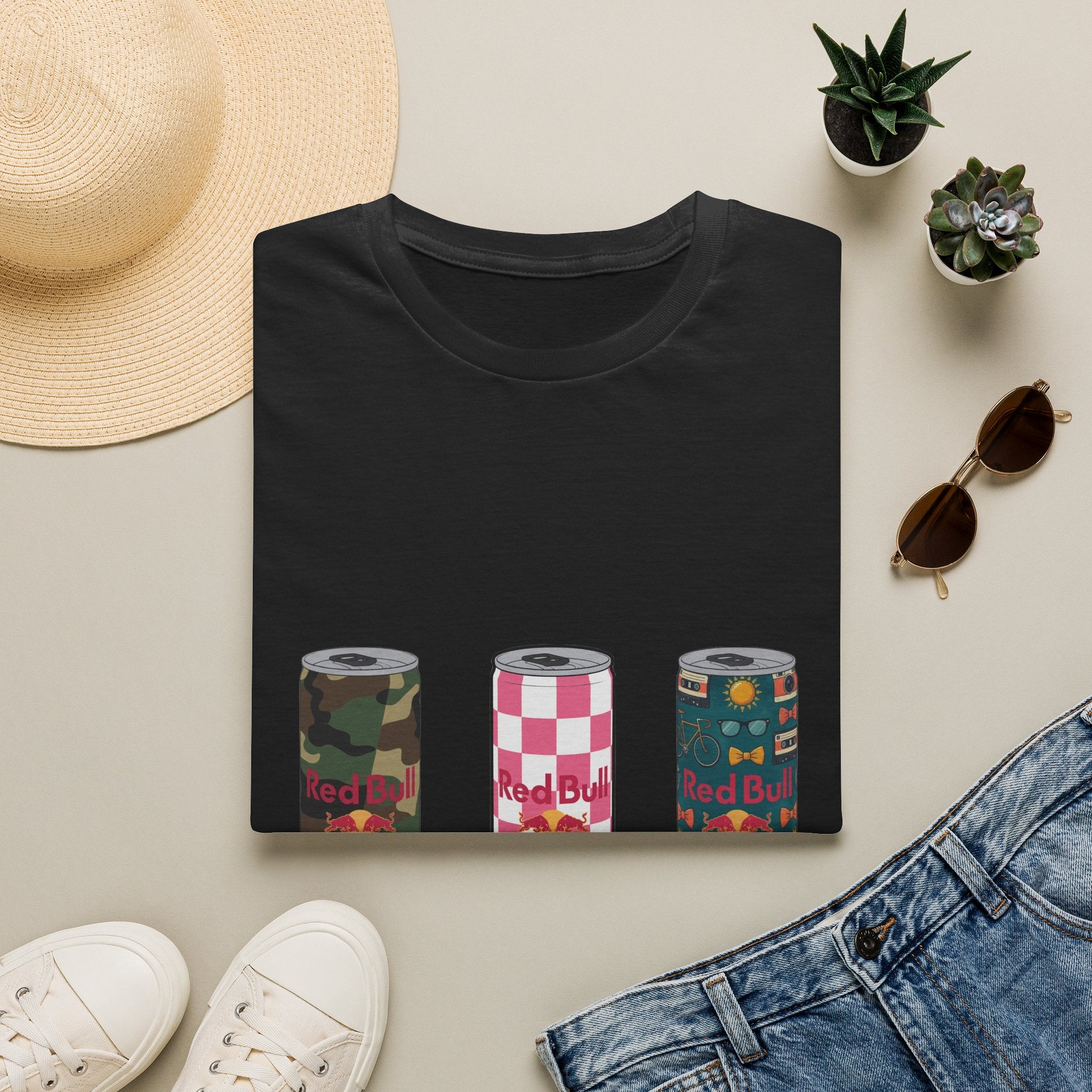 Energy Drink Can Trio T-Shirt — Camouflage, Checker & Floral Cans