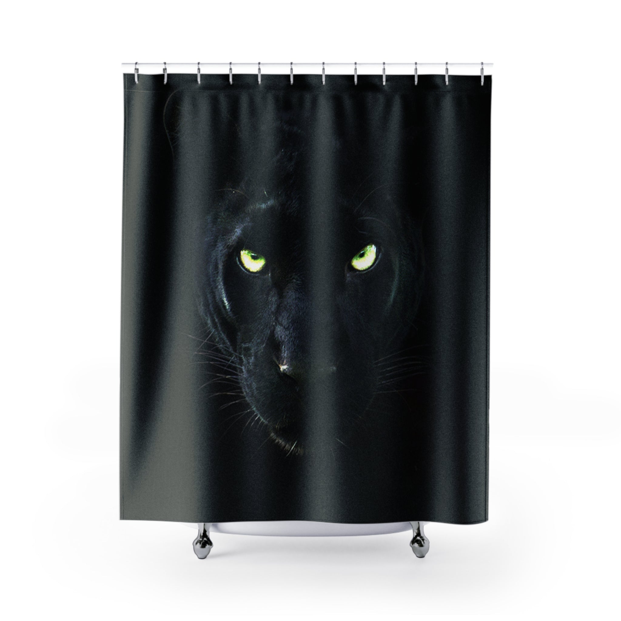 Panther Shower Curtain – Dramatic Black Cat Bathroom Decor with Glowing Green Eyes
