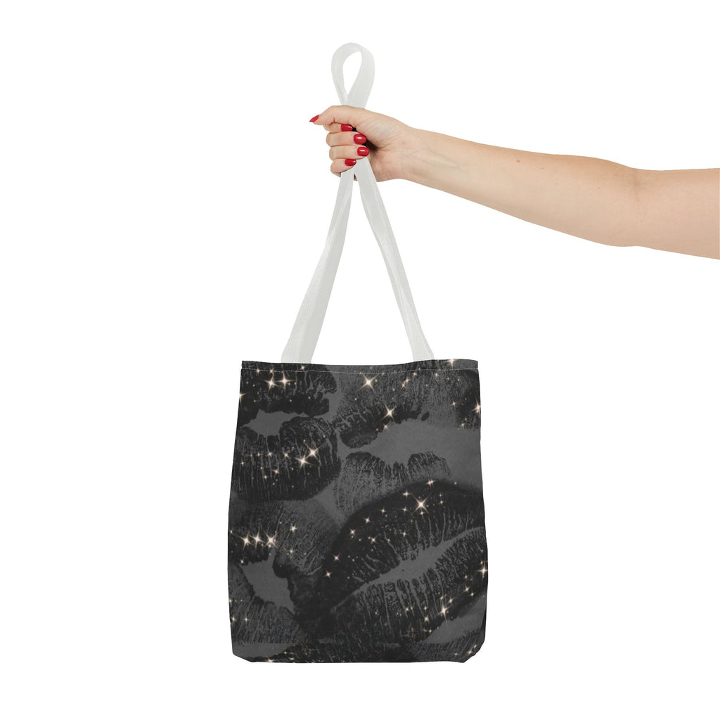 Glitter Kiss Print Tote Bag | Black Lipstick Pattern, Sparkle All-Over