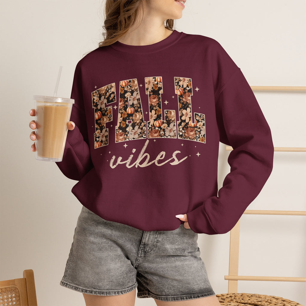 Fall Vibes Crewneck Sweatshirt — Floral Lettering Autumn Pullover
