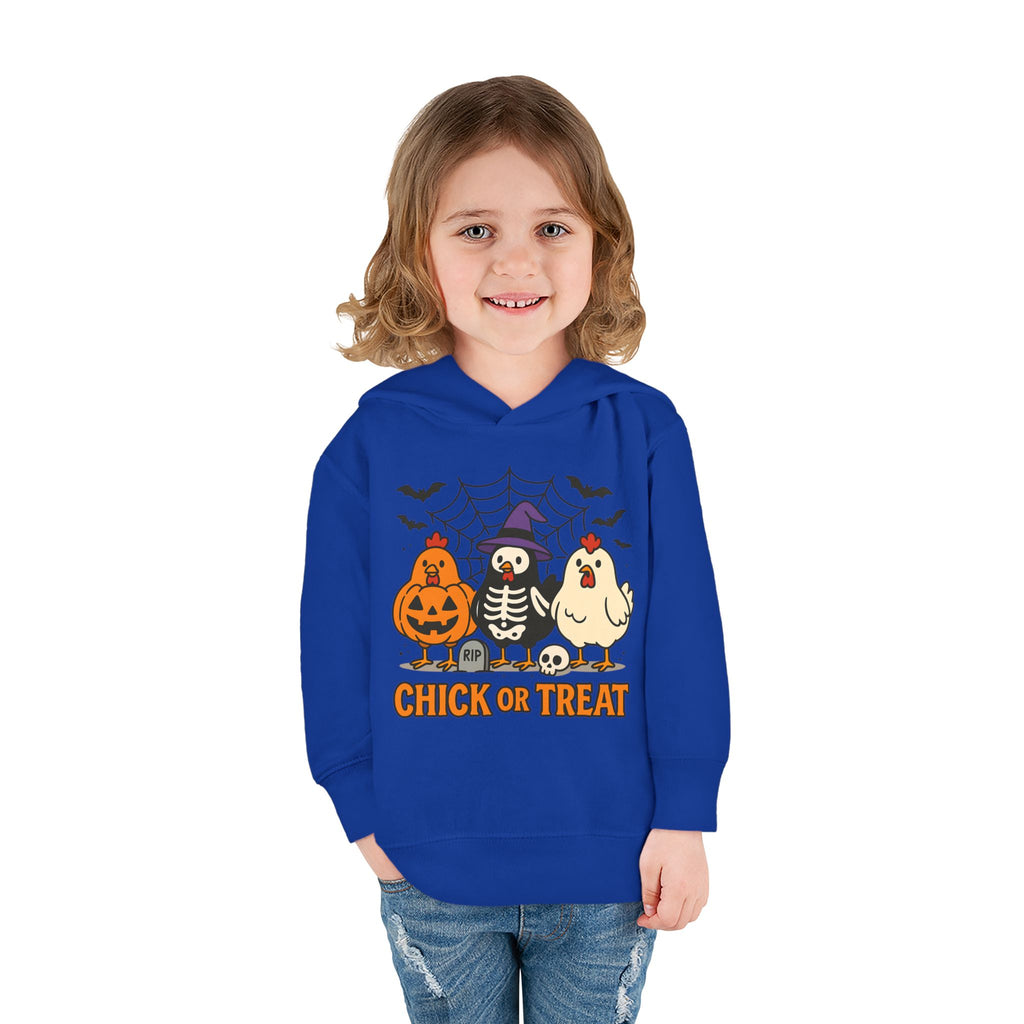 Toddler Halloween Pullover Hoodie – "Chick or Treat" Pumpkin Skeleton Chicken Kids Fleece