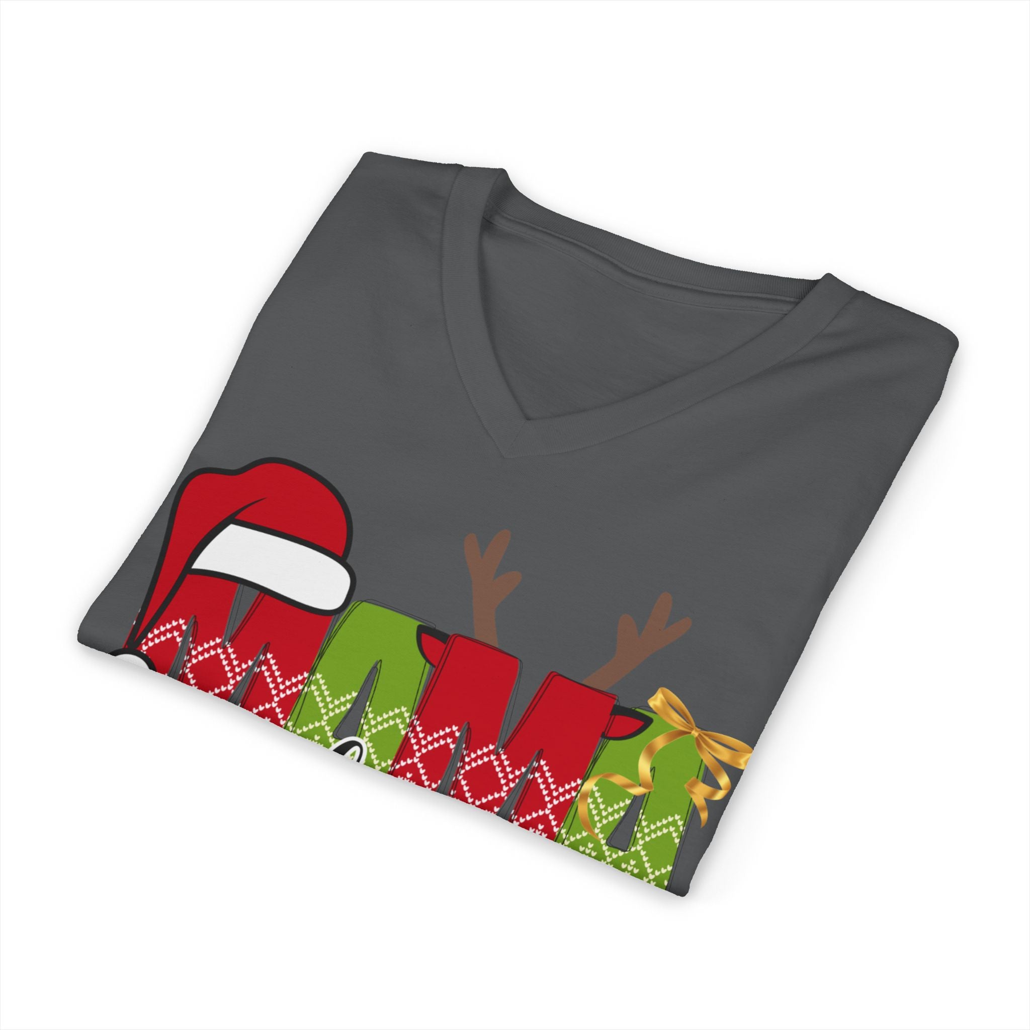 Mom Claus V-Neck Tee — Christmas Holiday Family Graphic Shirt