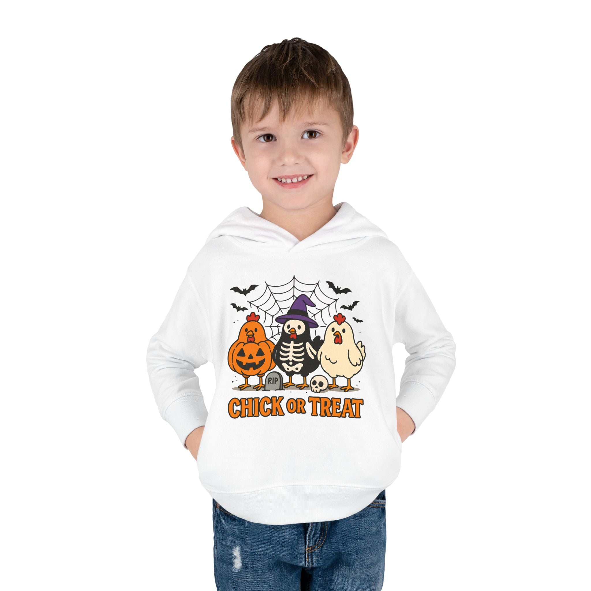 Toddler Halloween Pullover Hoodie – "Chick or Treat" Pumpkin Skeleton Chicken Kids Fleece