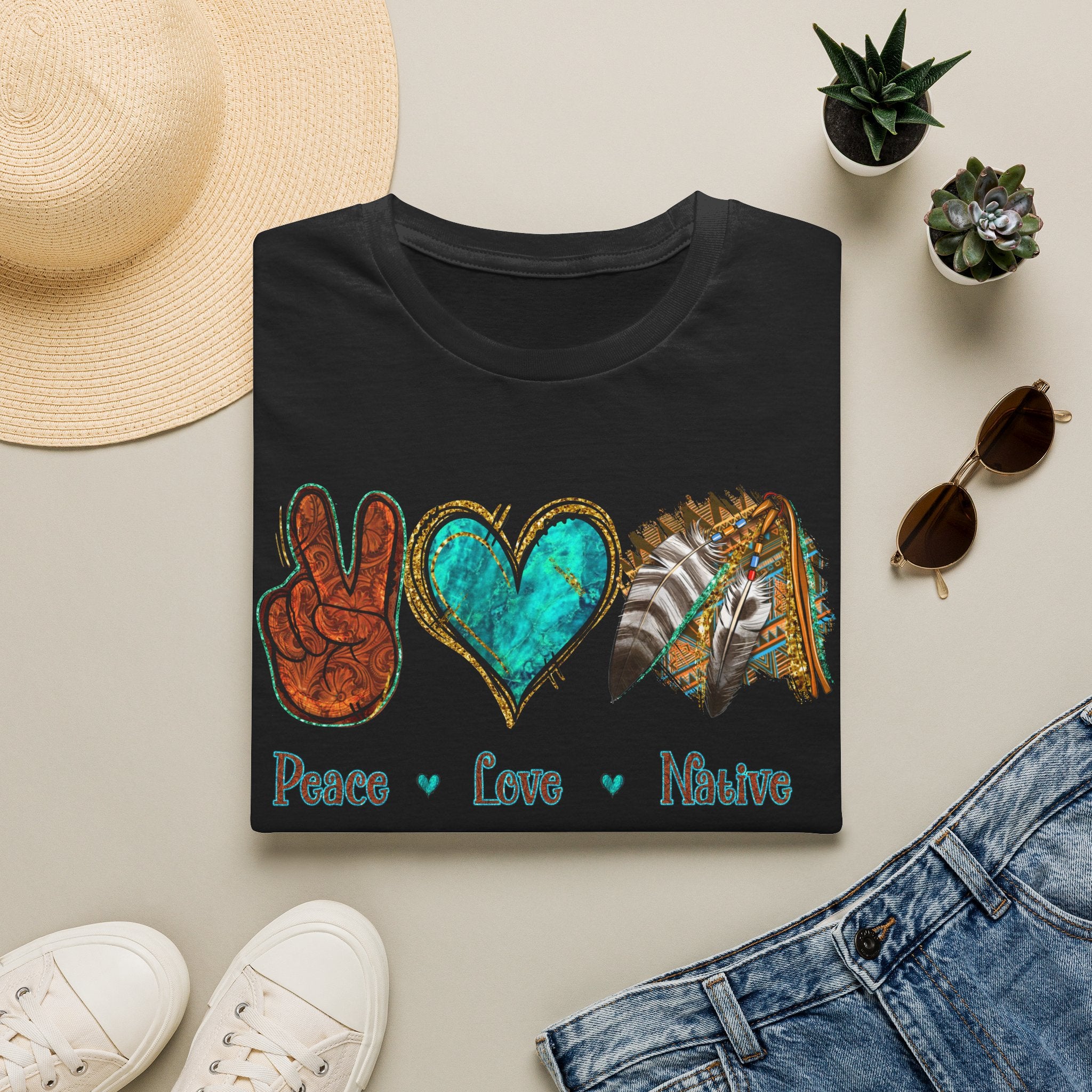 Peace Love Native T-Shirt — Boho Tribal Teal Heart Graphic Tee