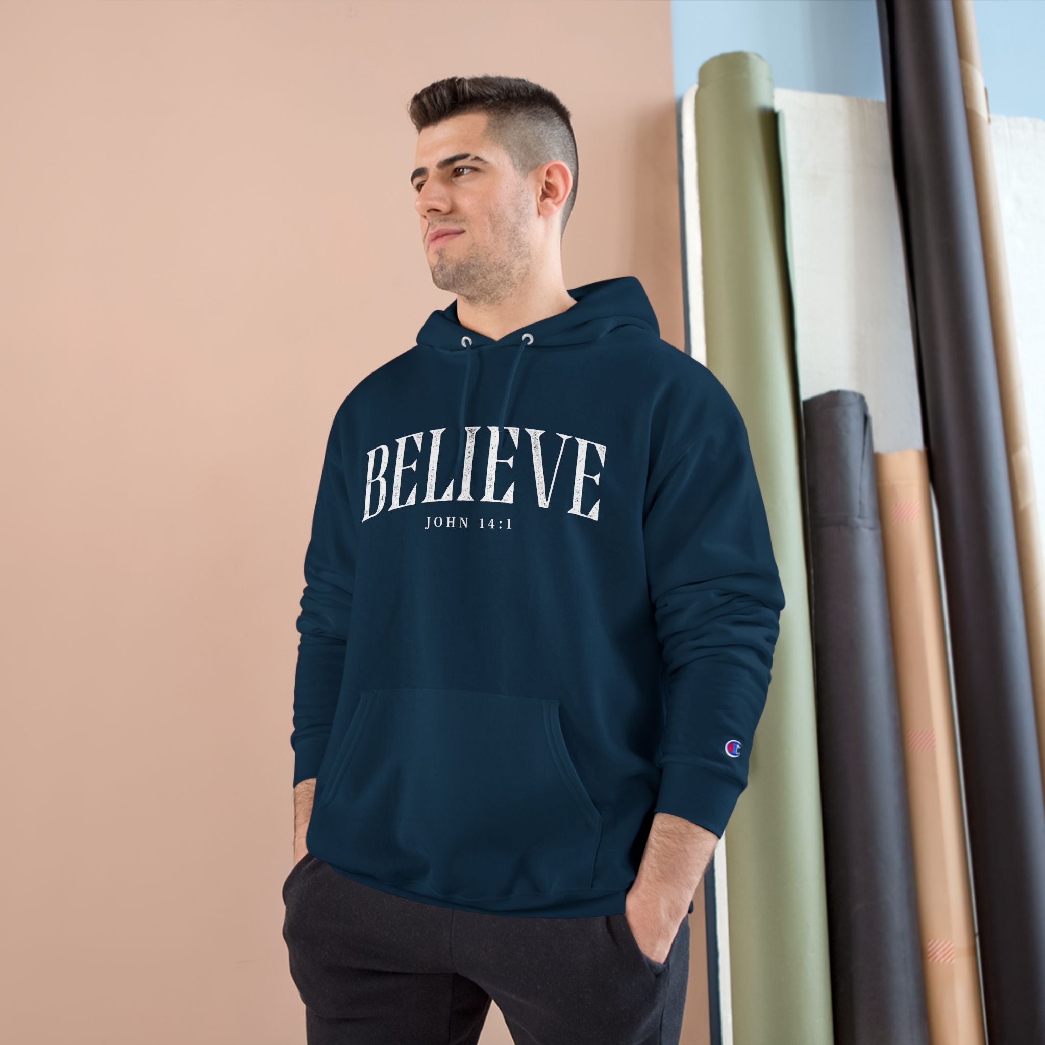 Believe Champion Hoodie — Inspirational Pullover with 'Believe' Script