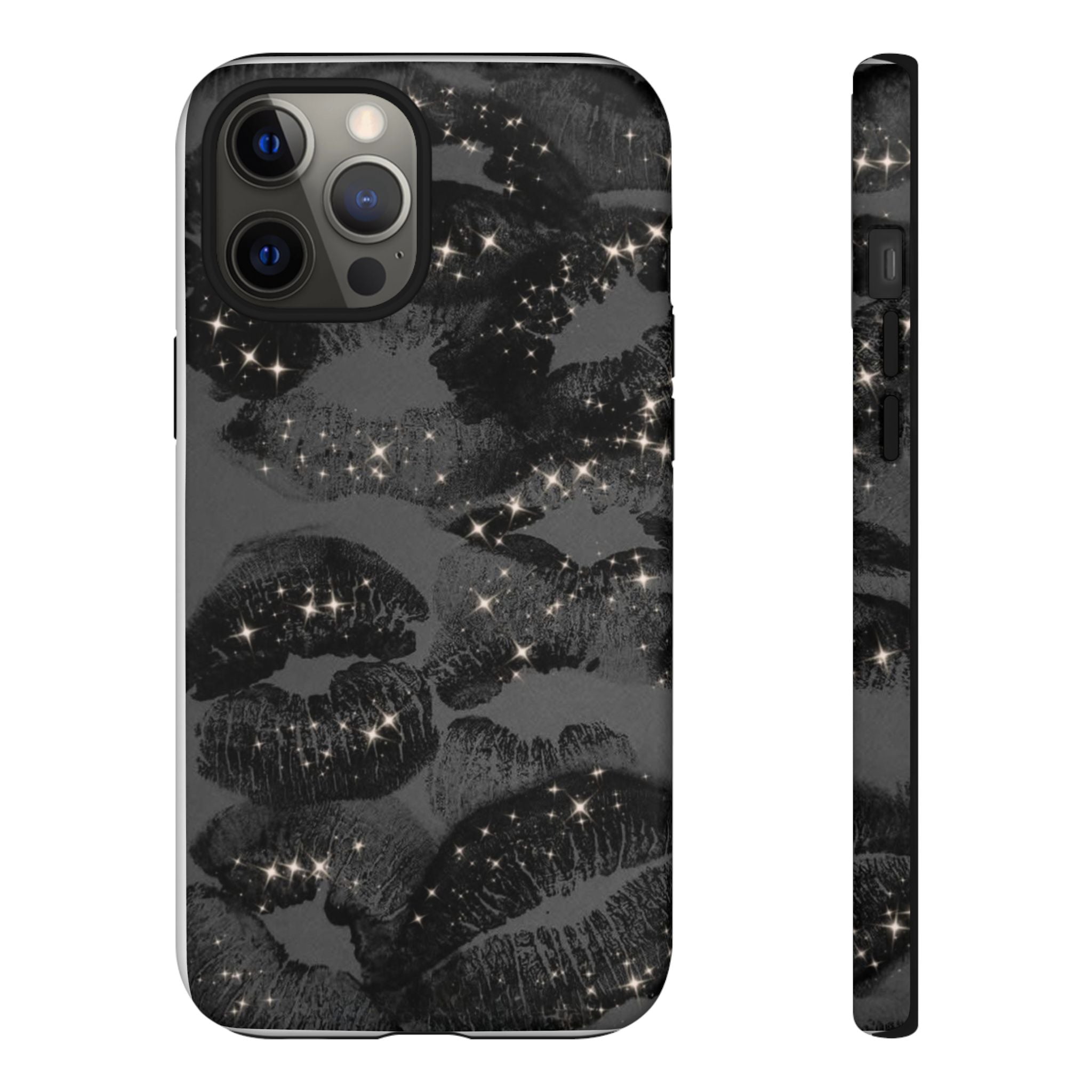 Black Glitter Kiss Phone Case — Sparkling Lip Print Protective Cover