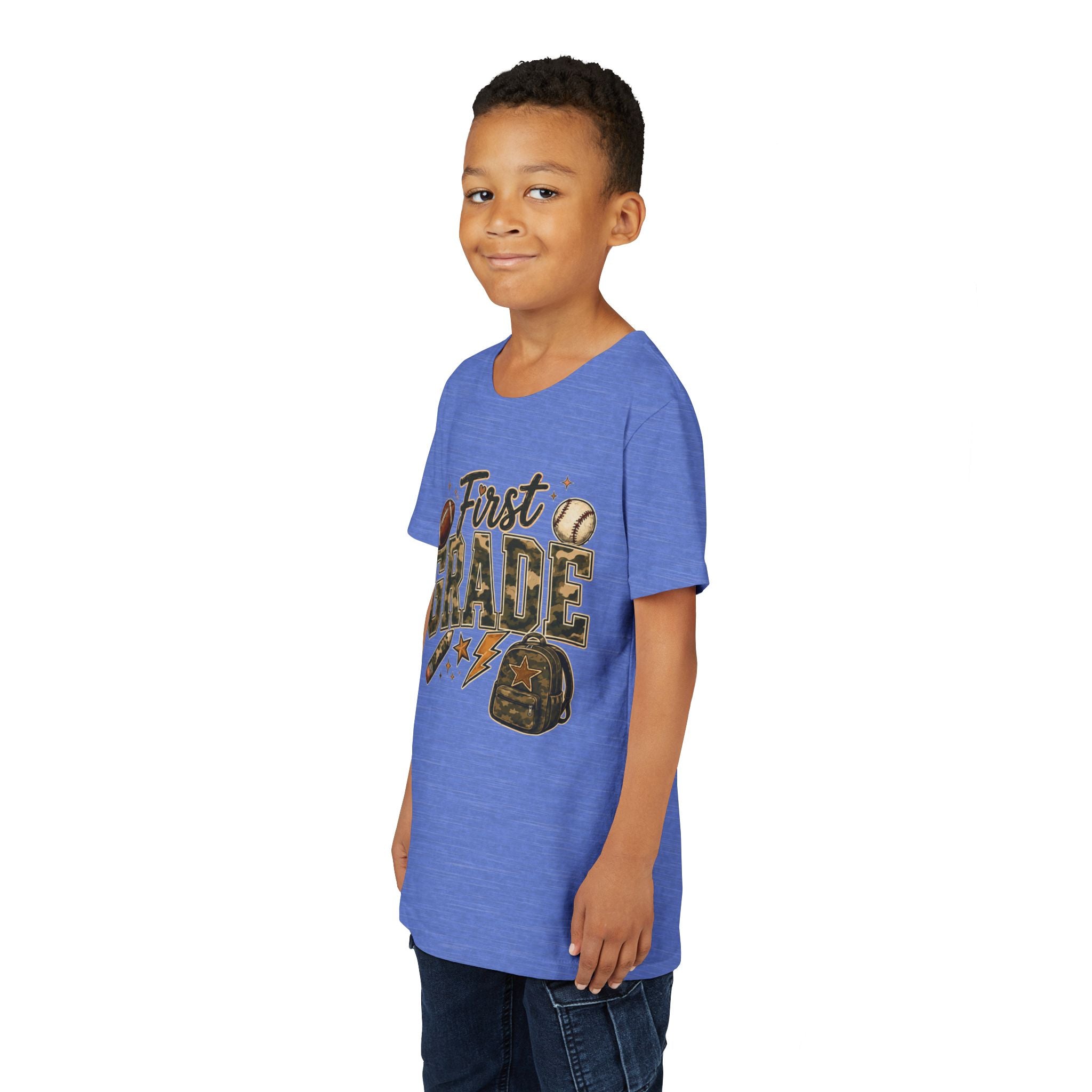 First Grade Kids T‑Shirt — Back to School Sports Backpack Design