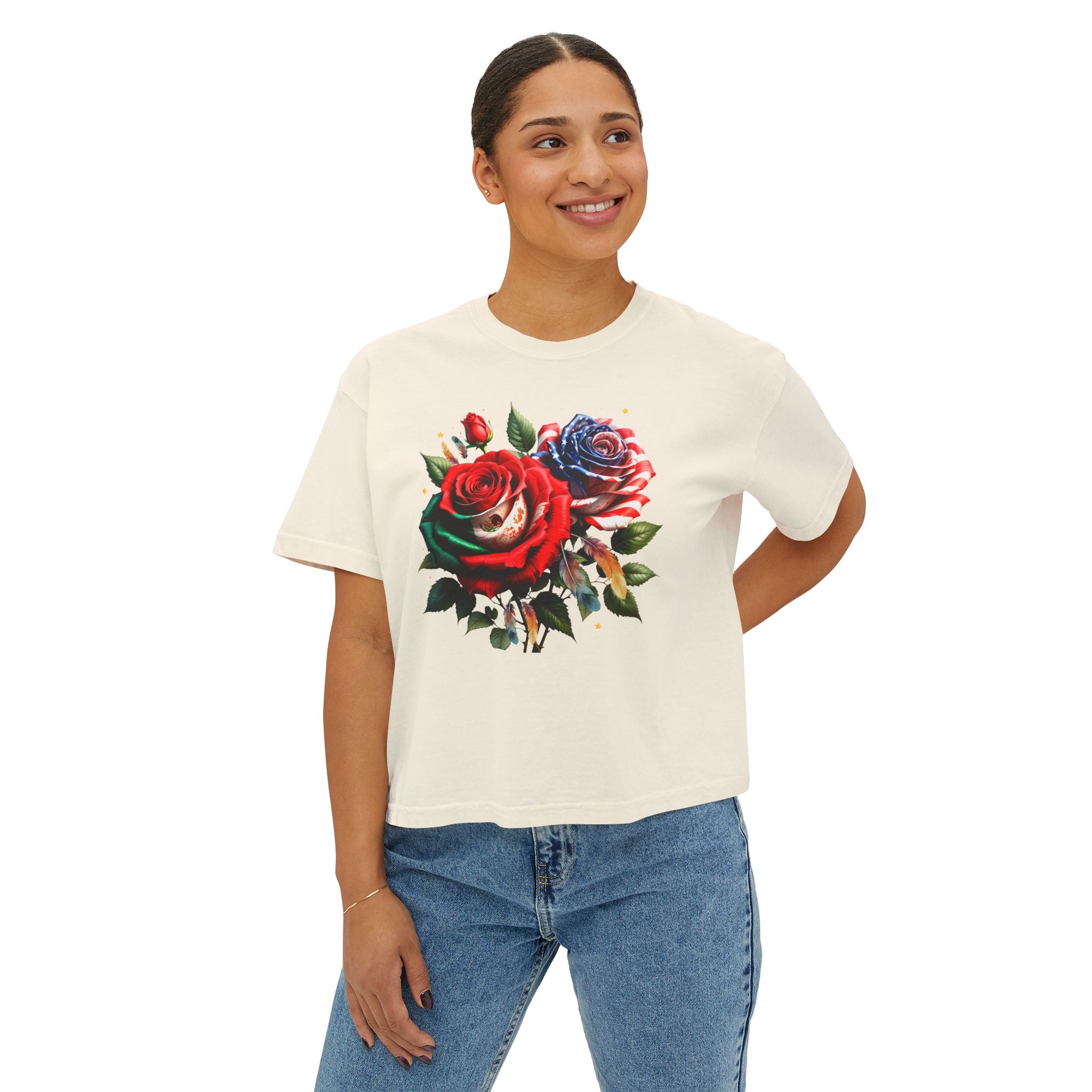 Women’s Boxy Tee — Vintage Red & Blue Rose Floral Graphic