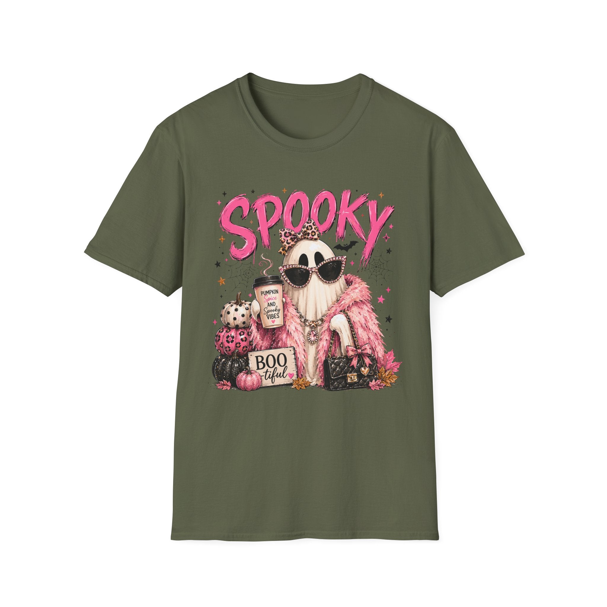 Spooky Glam T-Shirt — Cute Pink Ghost with Sunglasses & Pumpkin Latte