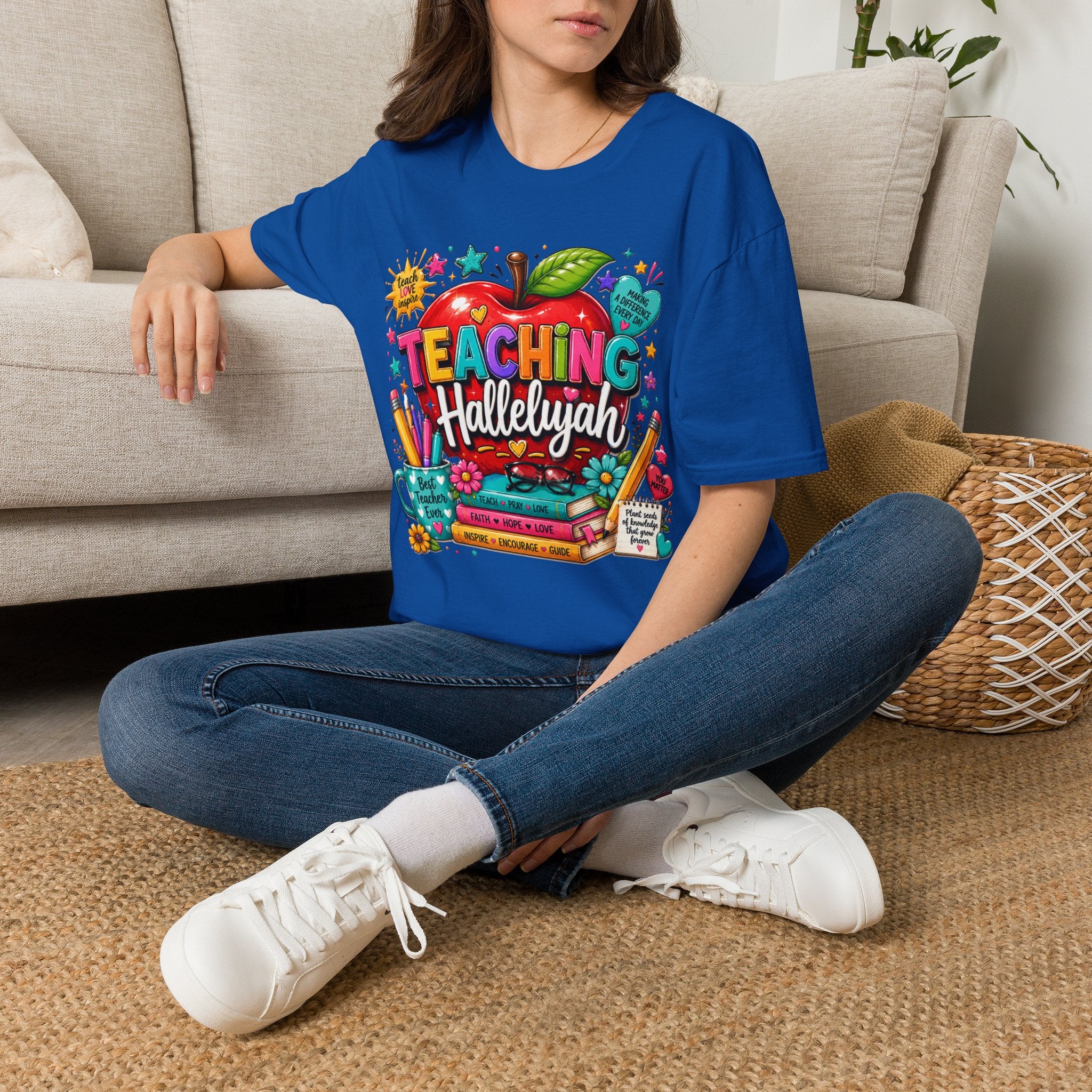 Teacher T-Shirt — "Teaching Hallelujah" Colorful Apple Classroom Tee
