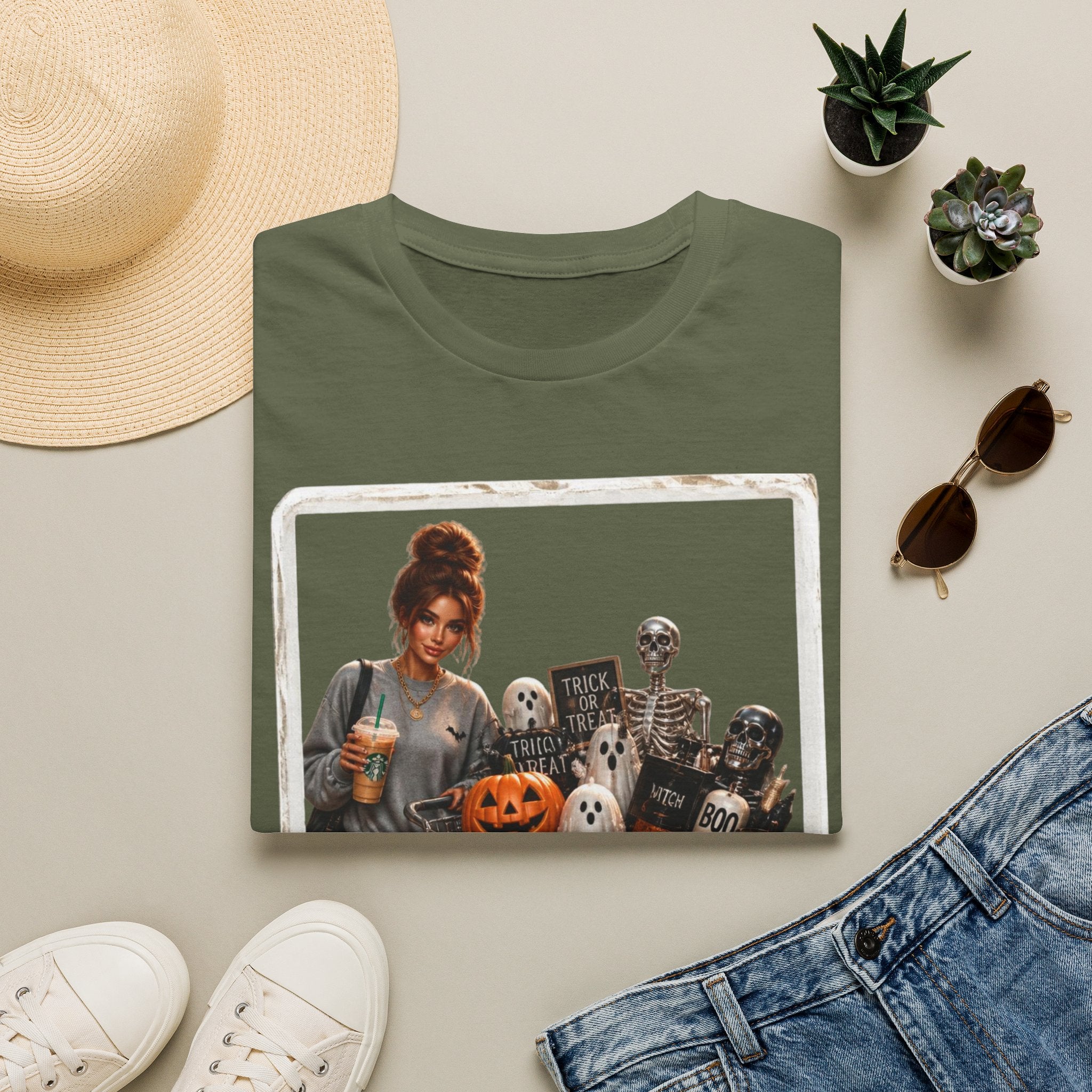 Halloween Cozy Tee — Woman with Pumpkin & Skeleton Graphic