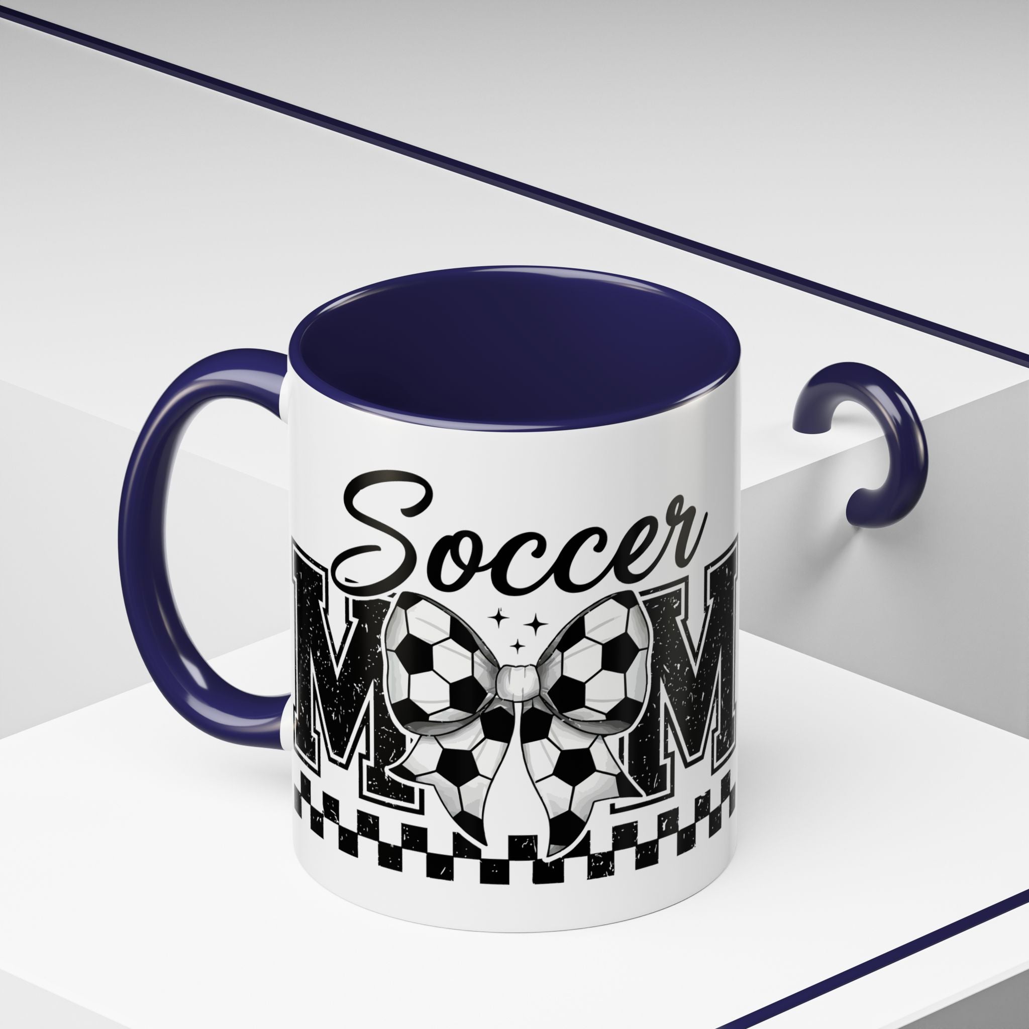 Soccer Mom Accent Coffee Mug — Black Interior & Handle, Soccer Ball Graphic