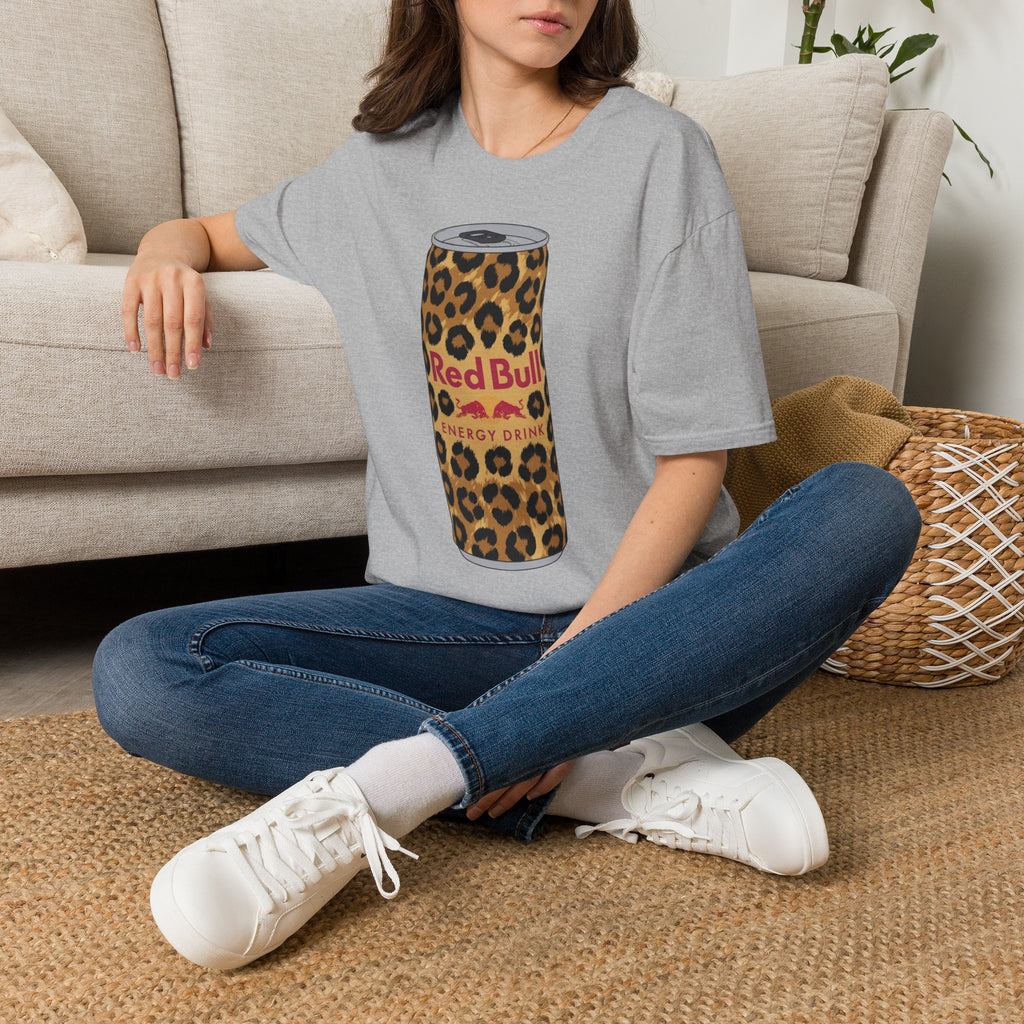 Leopard Print Red Bull Can T‑Shirt — Energy Drink Graphic Tee