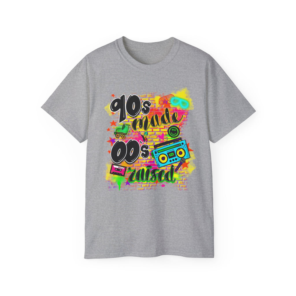 90s Made 00s Raised T-Shirt — Neon Retro Boombox Graphic Tee