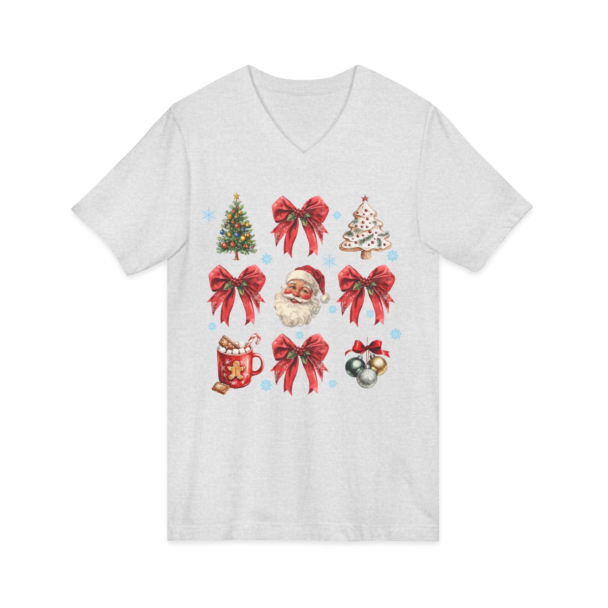 Christmas Icons V-Neck Tee — Santa, Trees & Holiday Bows