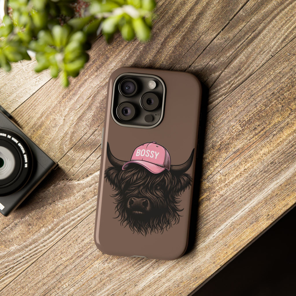 Phone Case — Highland Cow Wearing 'BOSSY' Pink Hat, Cute Farm Animal Protective Cover
