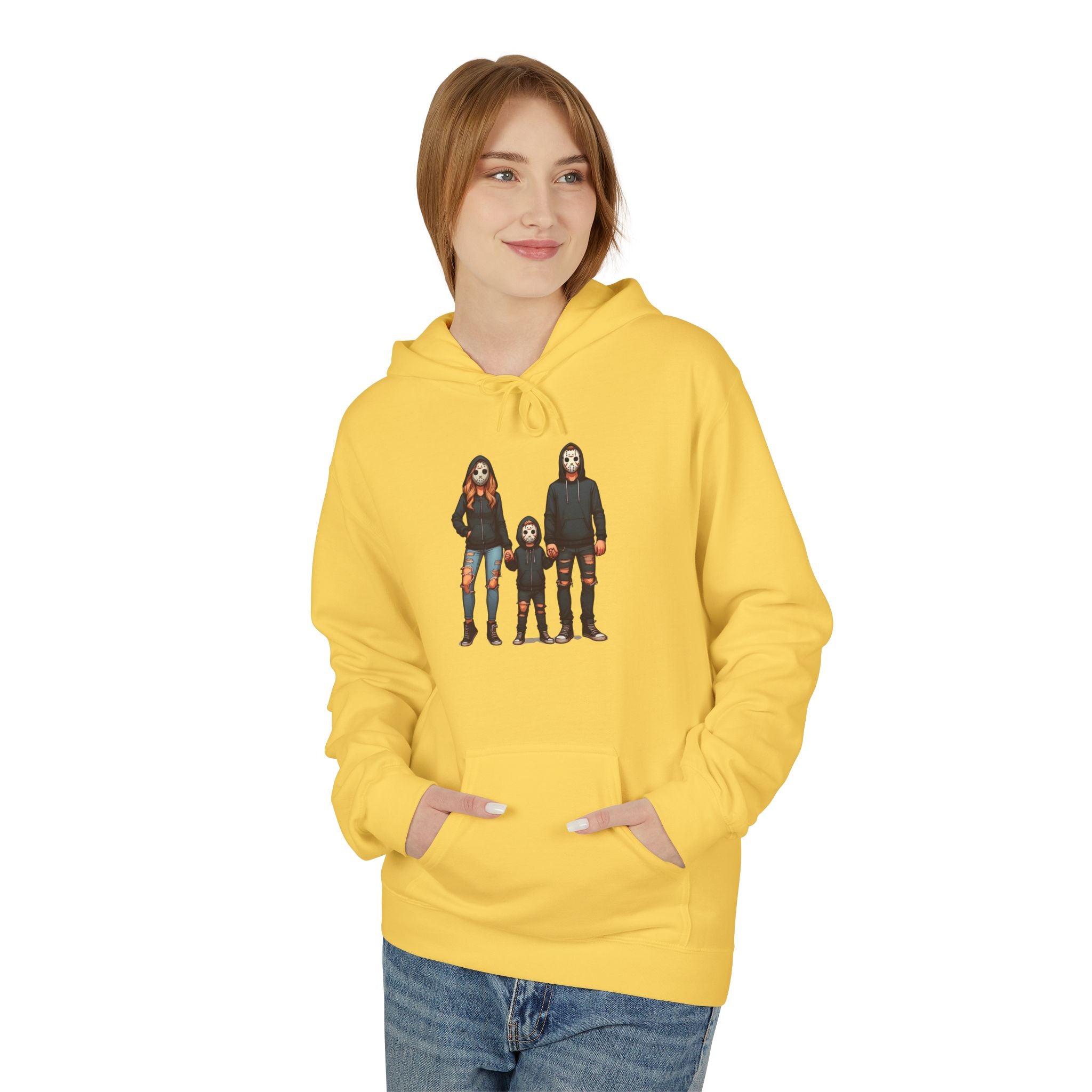 Horror Trio Graphic Hoodie — Creepy Doll & Twins Illustration
