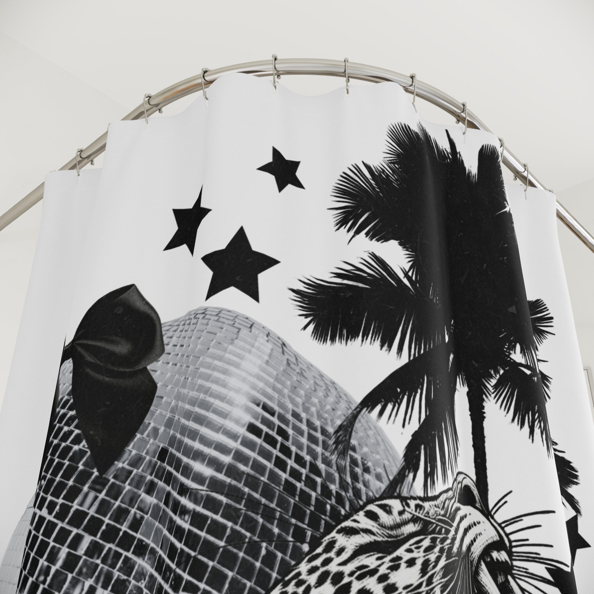 Disco Jungle Shower Curtain — Retro Leopard, Palm Trees & Martini Bathroom Decor