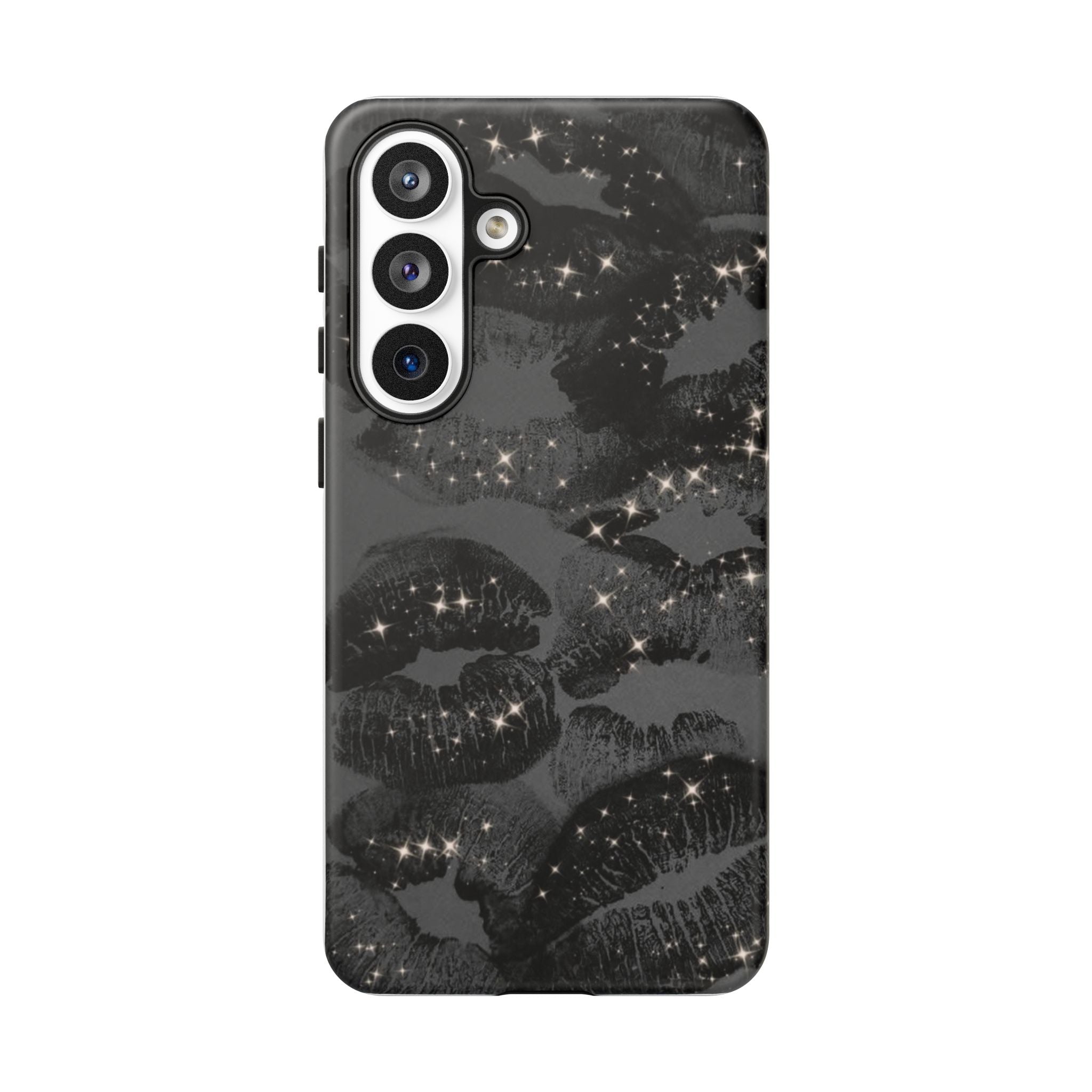 Black Glitter Kiss Phone Case — Sparkling Lip Print Protective Cover