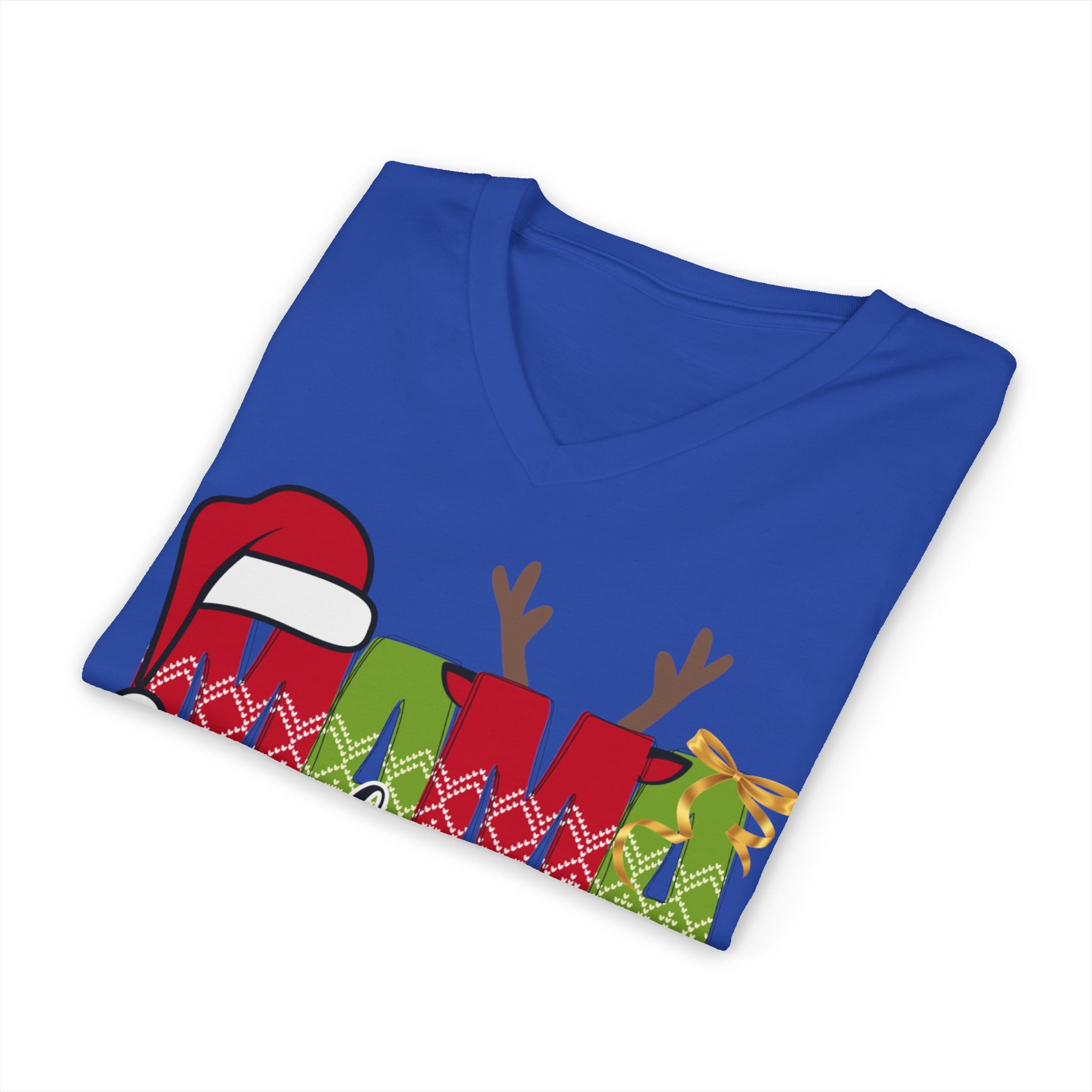 Mom Claus V-Neck Tee — Christmas Holiday Family Graphic Shirt