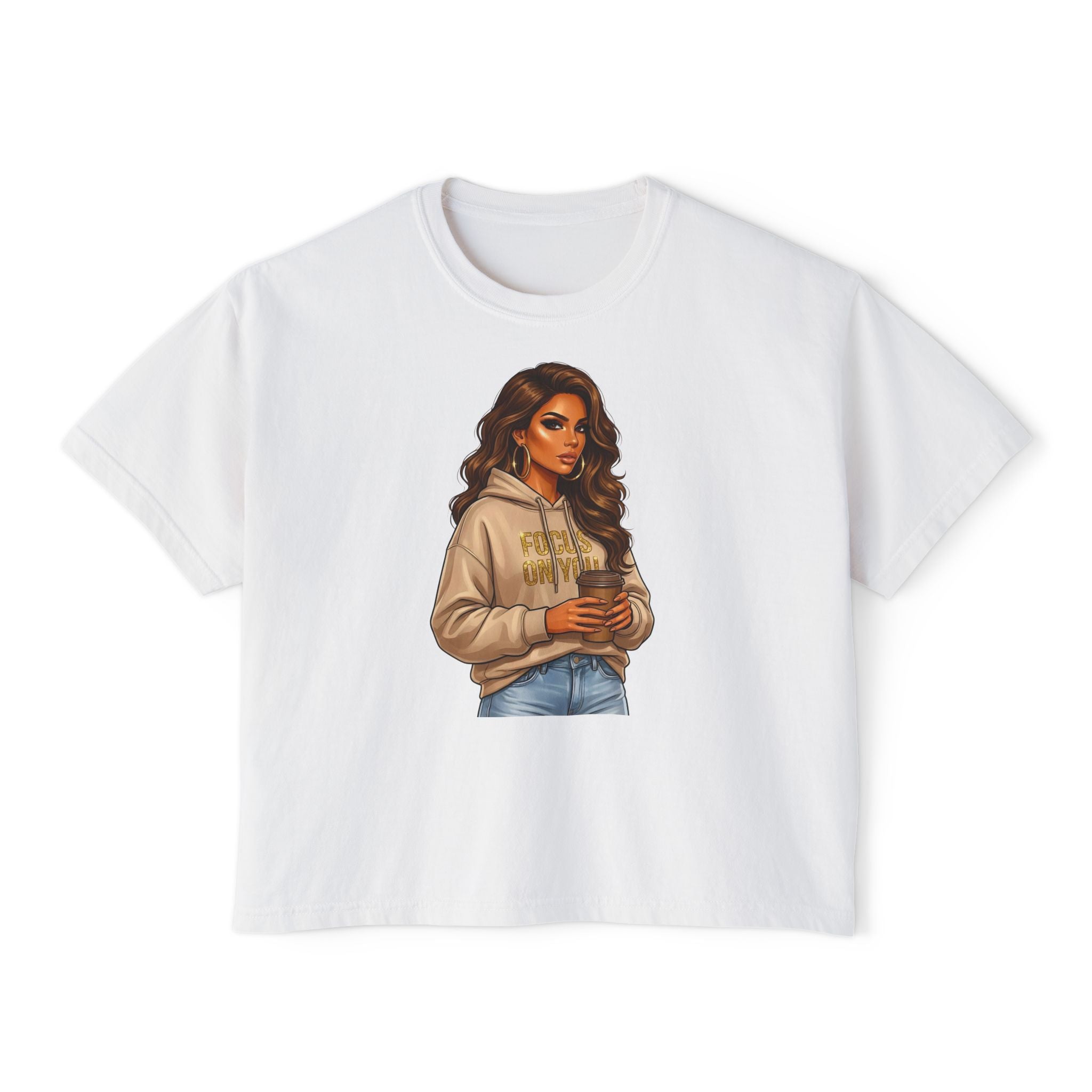 Women's Boxy Tee — Cozy Coffee Girl Graphic Crop T-Shirt