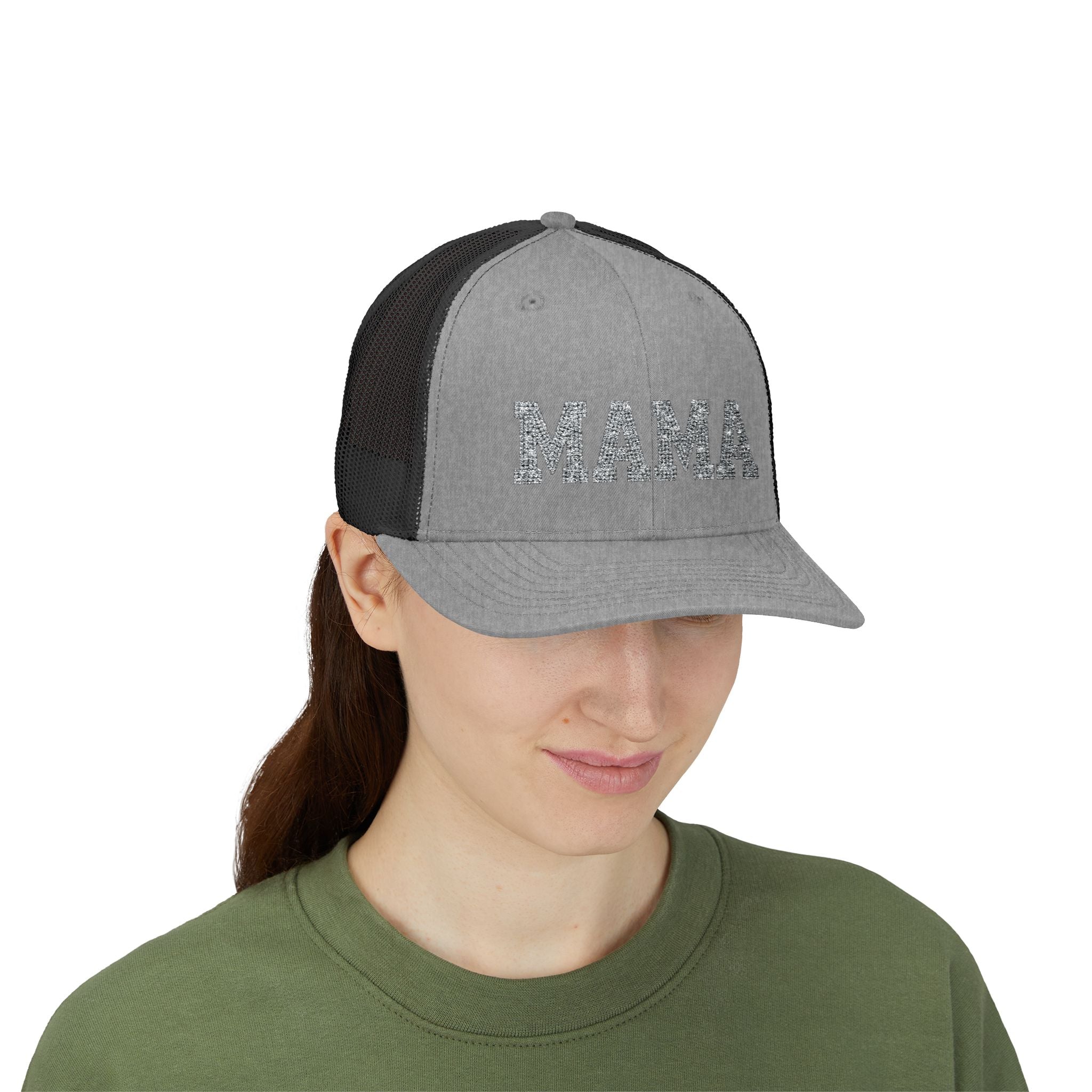 Mama Snapback Trucker Cap — Glitter Script "MAMA" Mesh Back Hat for Moms, Mother's Day Gift