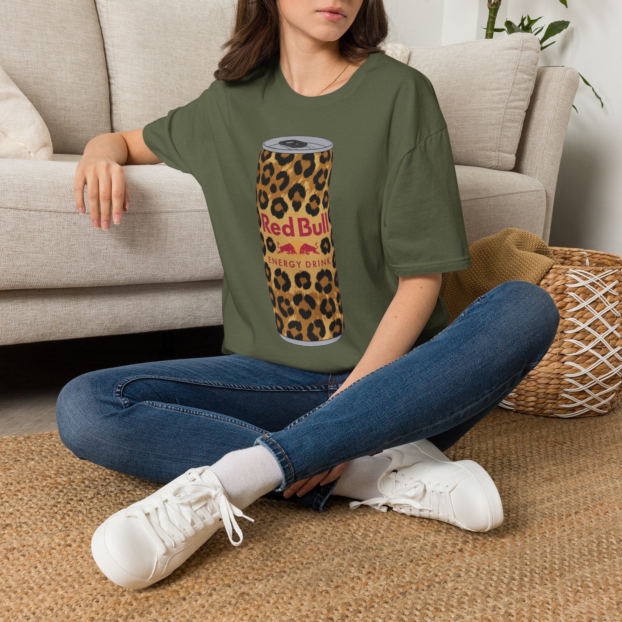Leopard Print Red Bull Can T‑Shirt — Energy Drink Graphic Tee