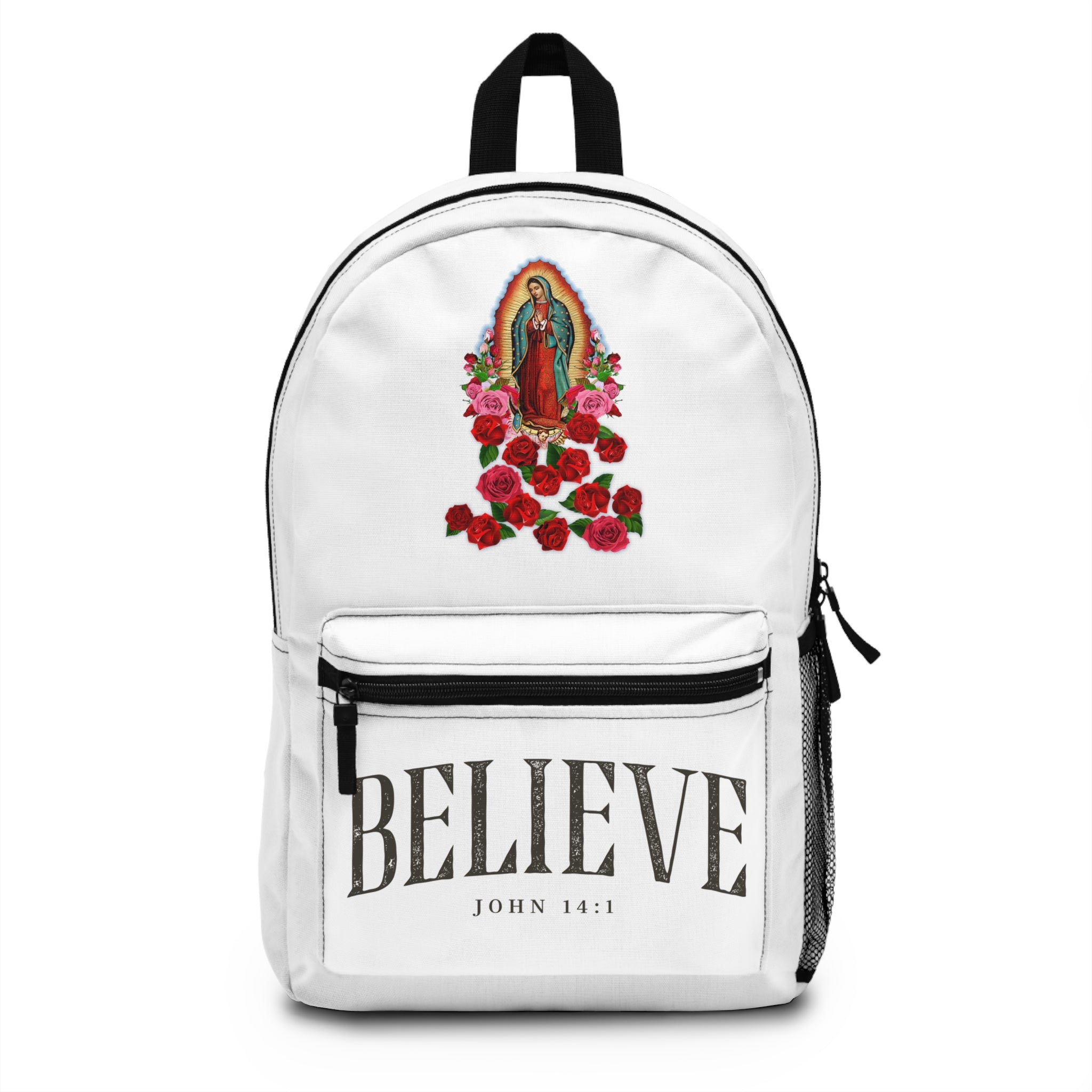 Believe Backpack - Virgin Mary & John 14:1 Inspirational Religious School Bag