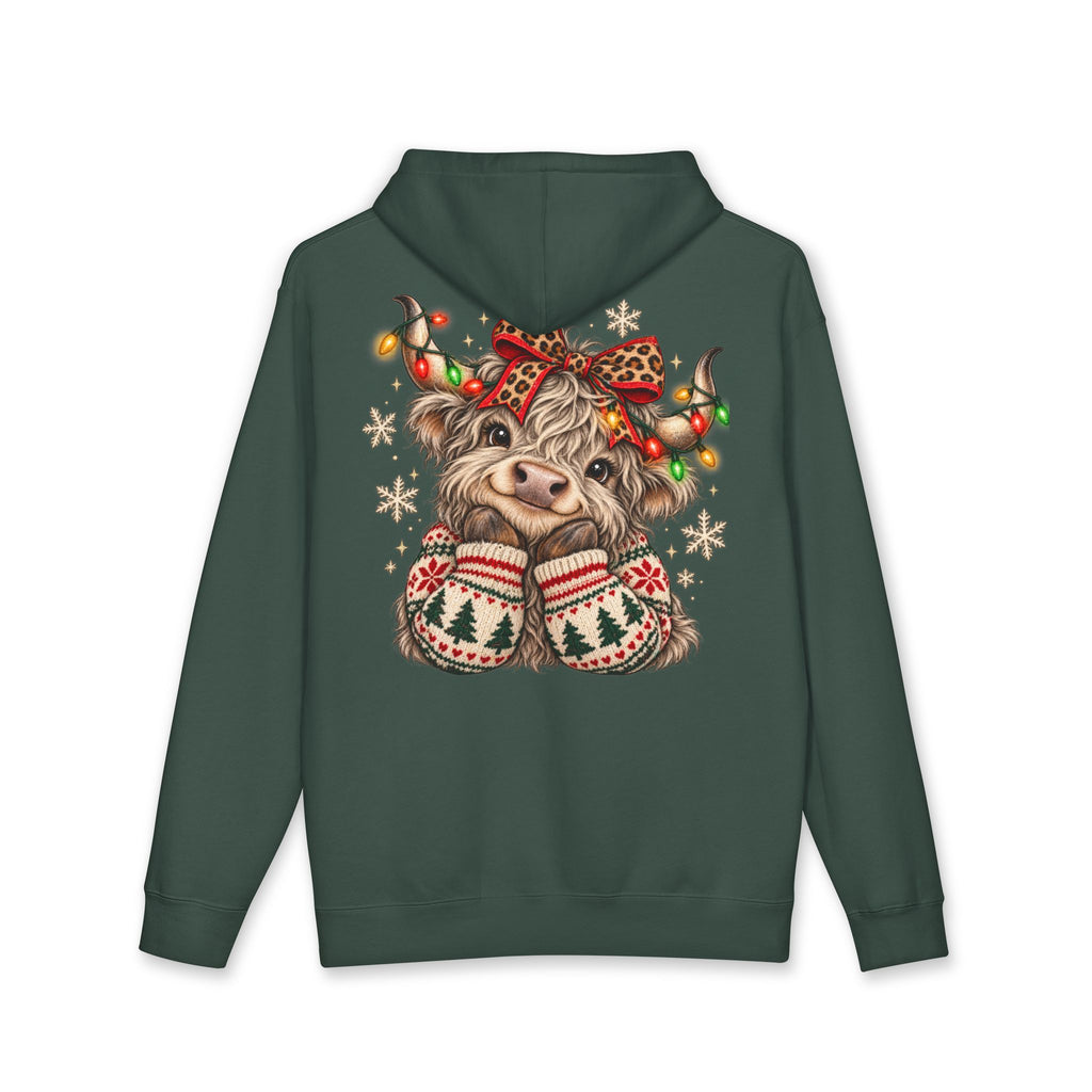 Christmas Cow Hoodie – Cute Highland Cow with Festive Lights & 'Merry Dolly Christmas' Design