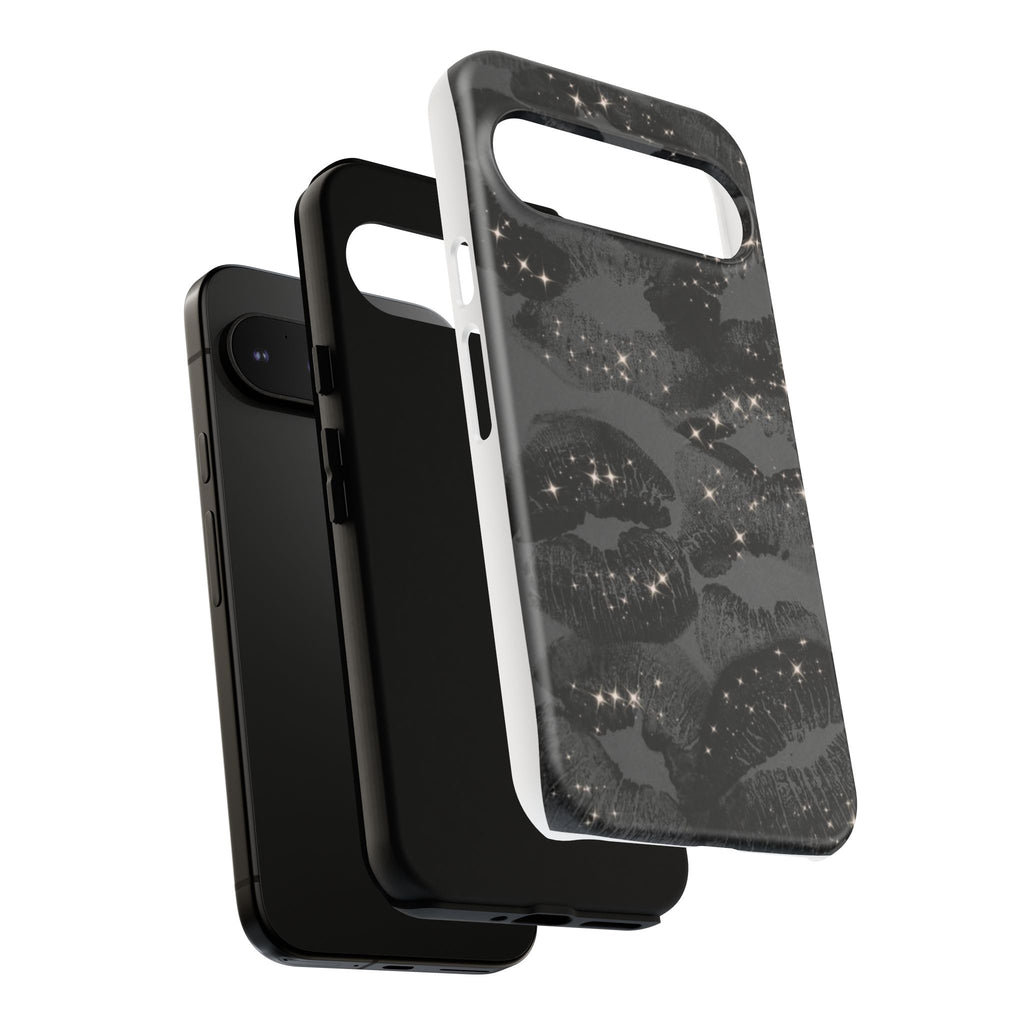 Black Glitter Kiss Phone Case — Sparkling Lip Print Protective Cover