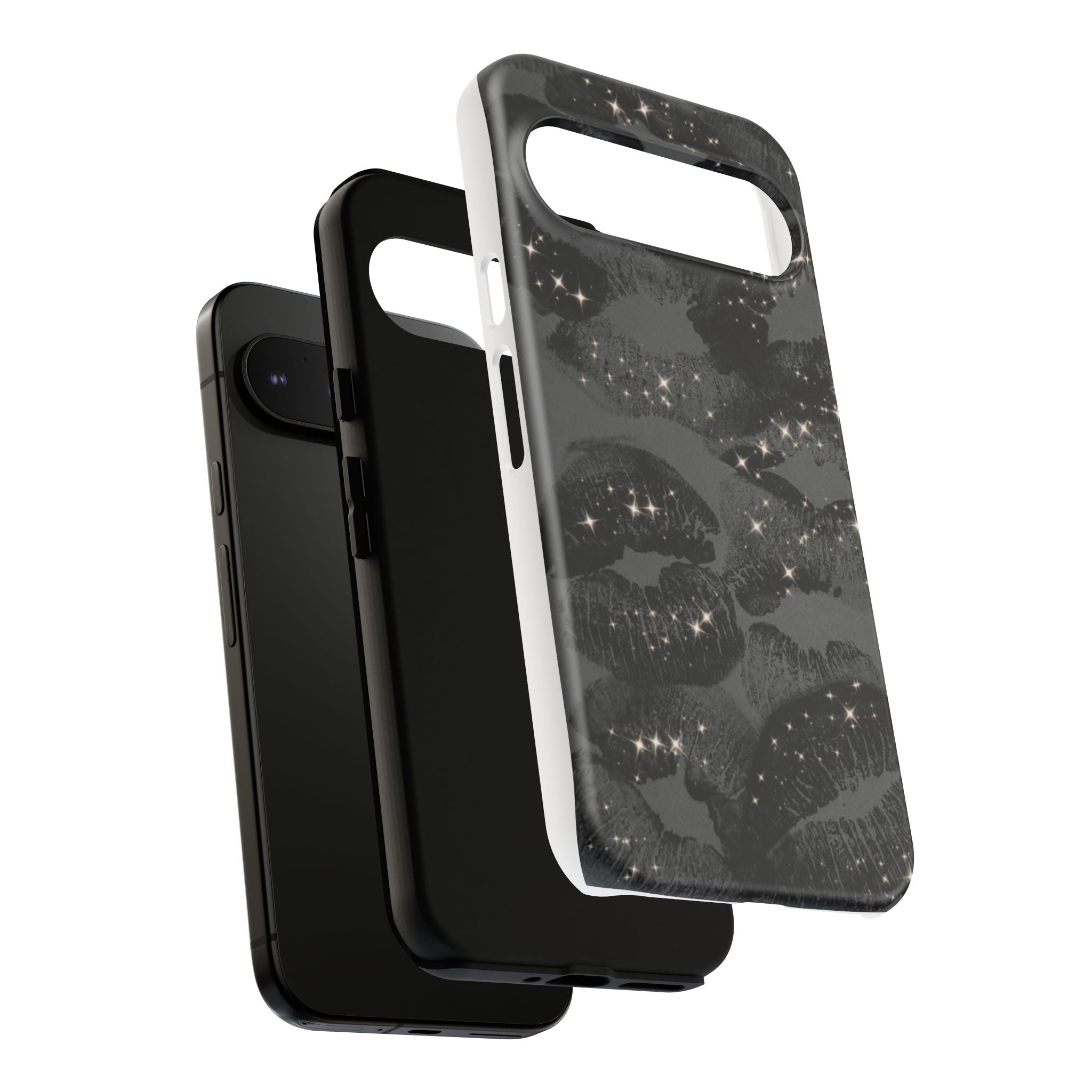 Black Glitter Kiss Phone Case — Sparkling Lip Print Protective Cover
